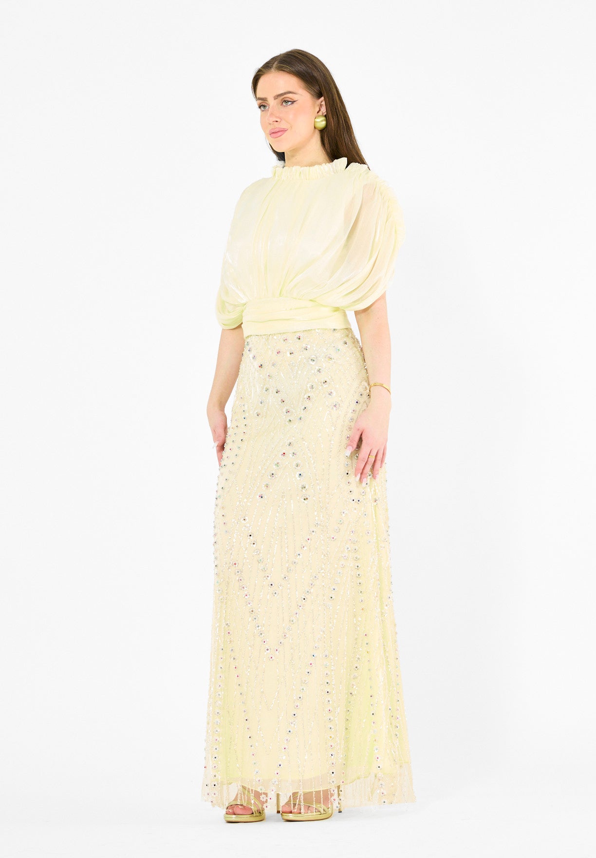 Embellished Blouson Gown with Dramatic Drape