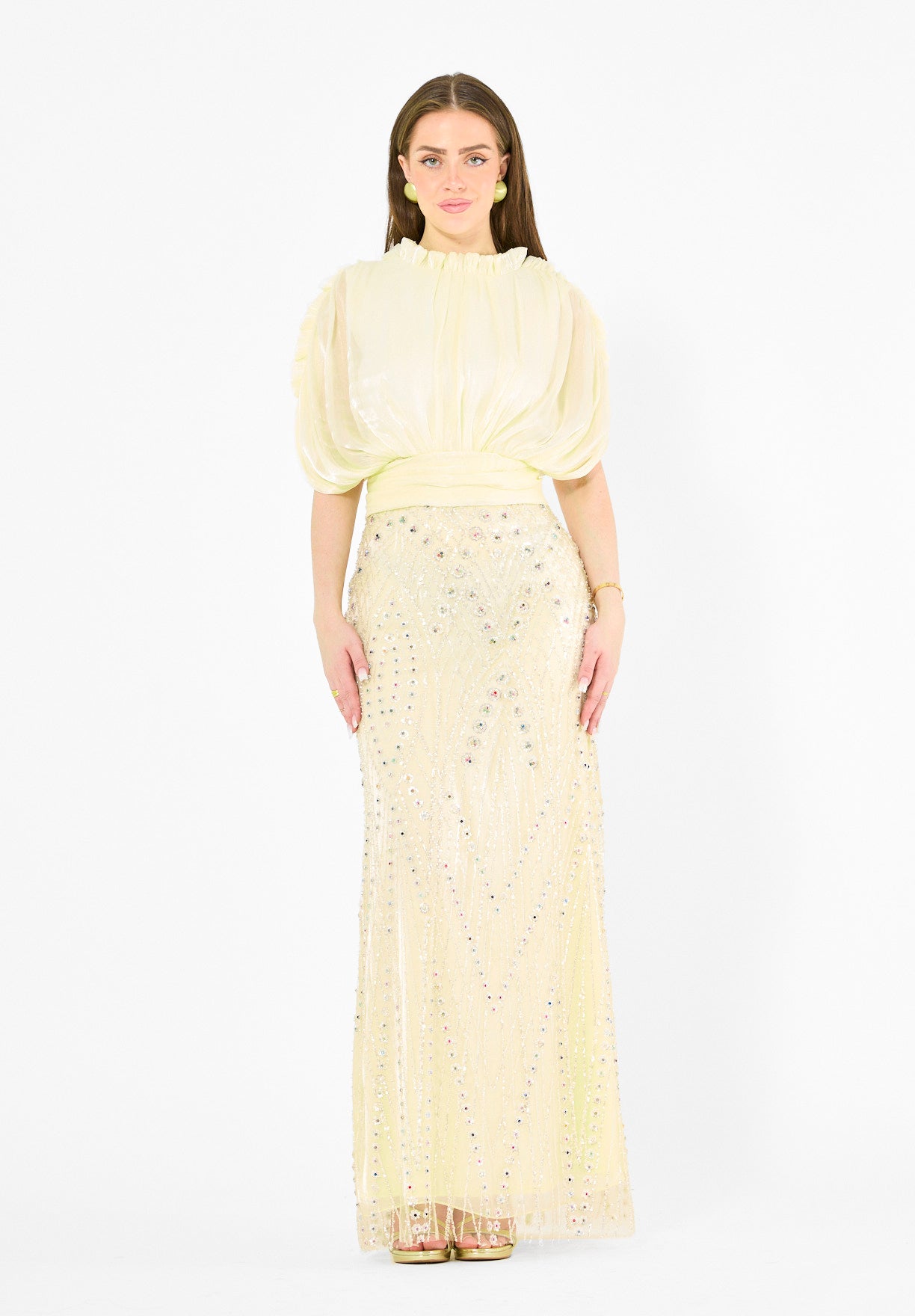 Embellished Blouson Gown with Dramatic Drape