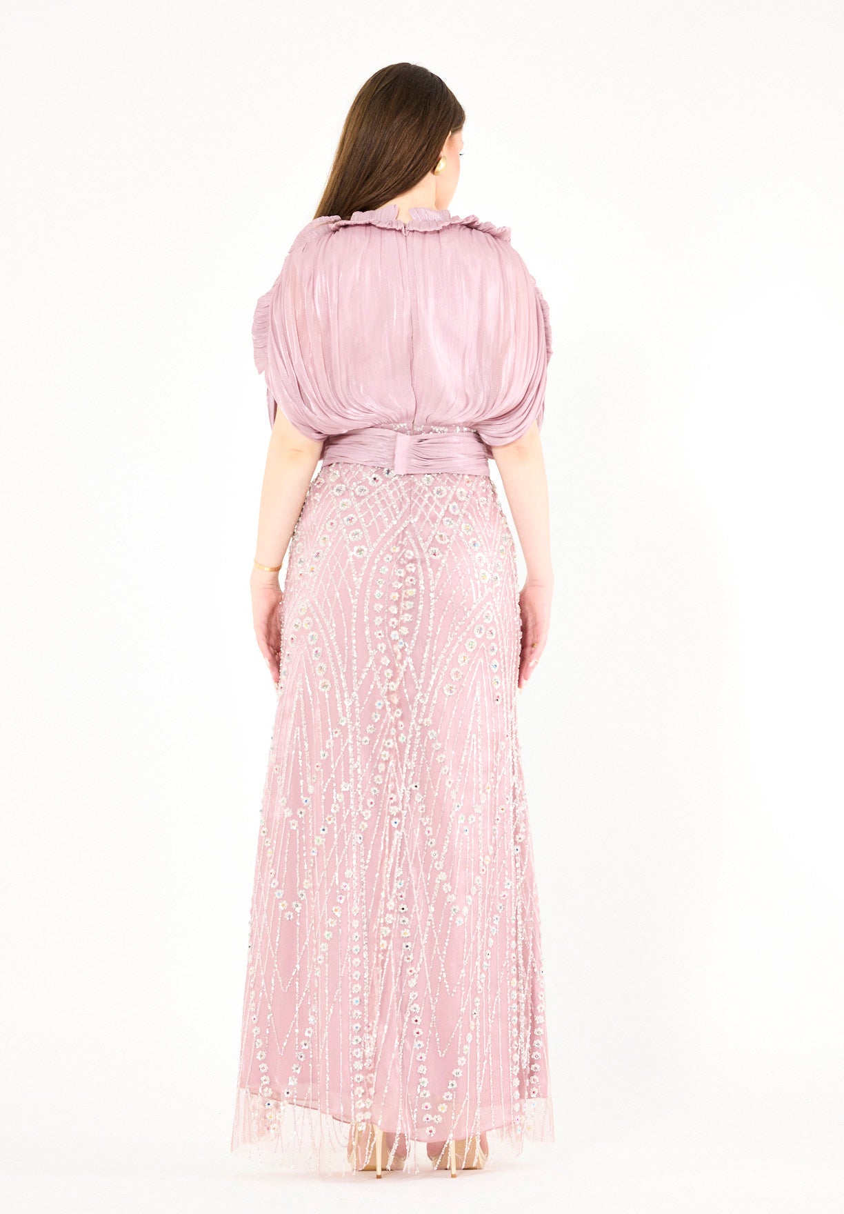Embellished Blouson Gown with Dramatic Drape