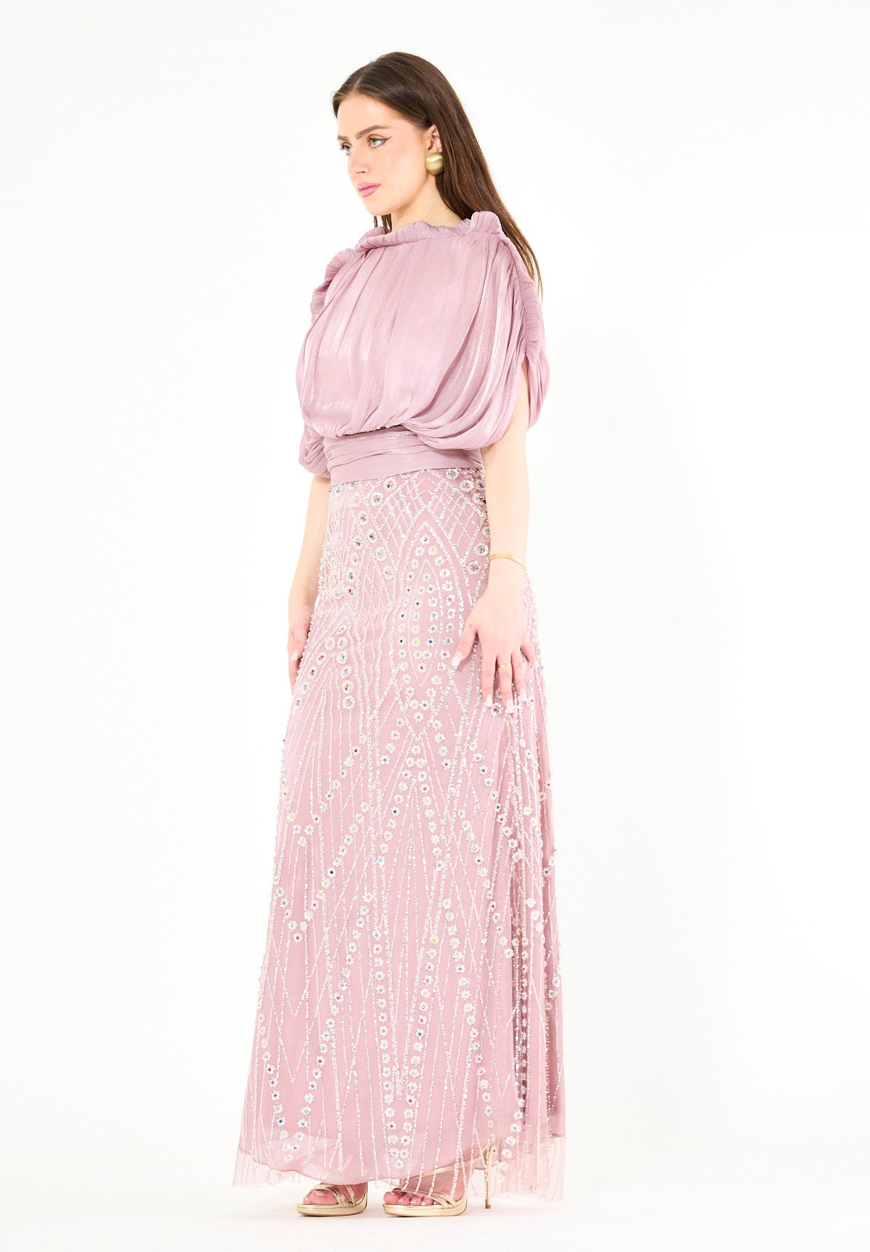 Embellished Blouson Gown with Dramatic Drape