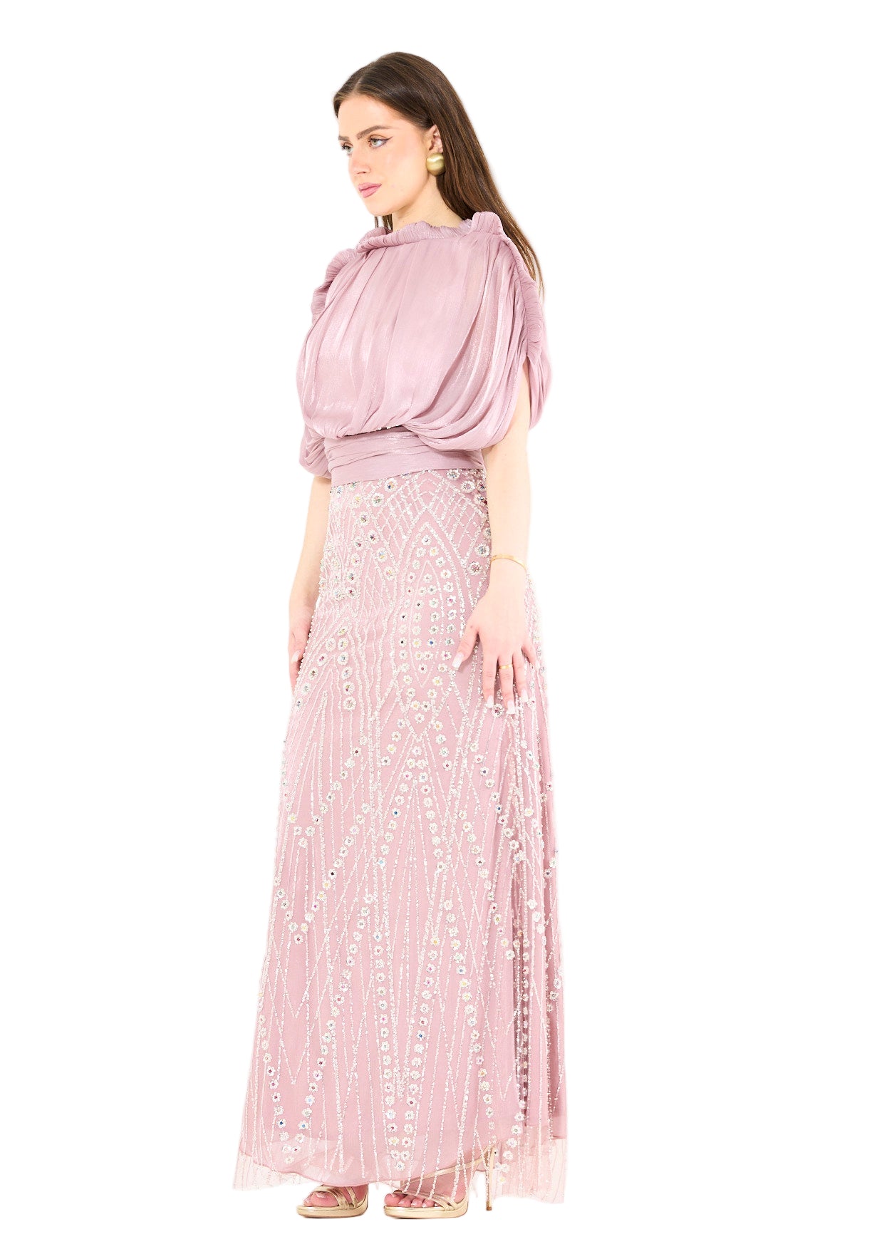 Embellished Blouson Gown with Dramatic Drape