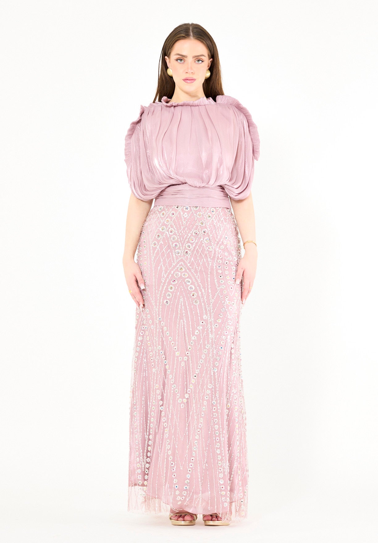 Embellished Blouson Gown with Dramatic Drape