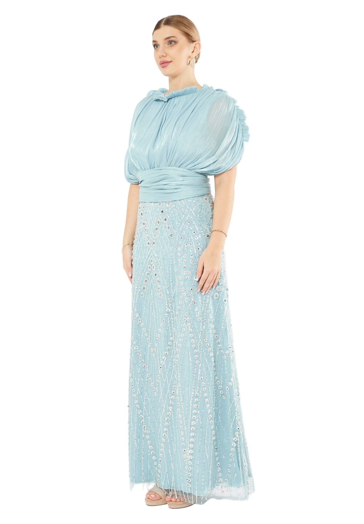 Embellished Blouson Gown with Dramatic Drape