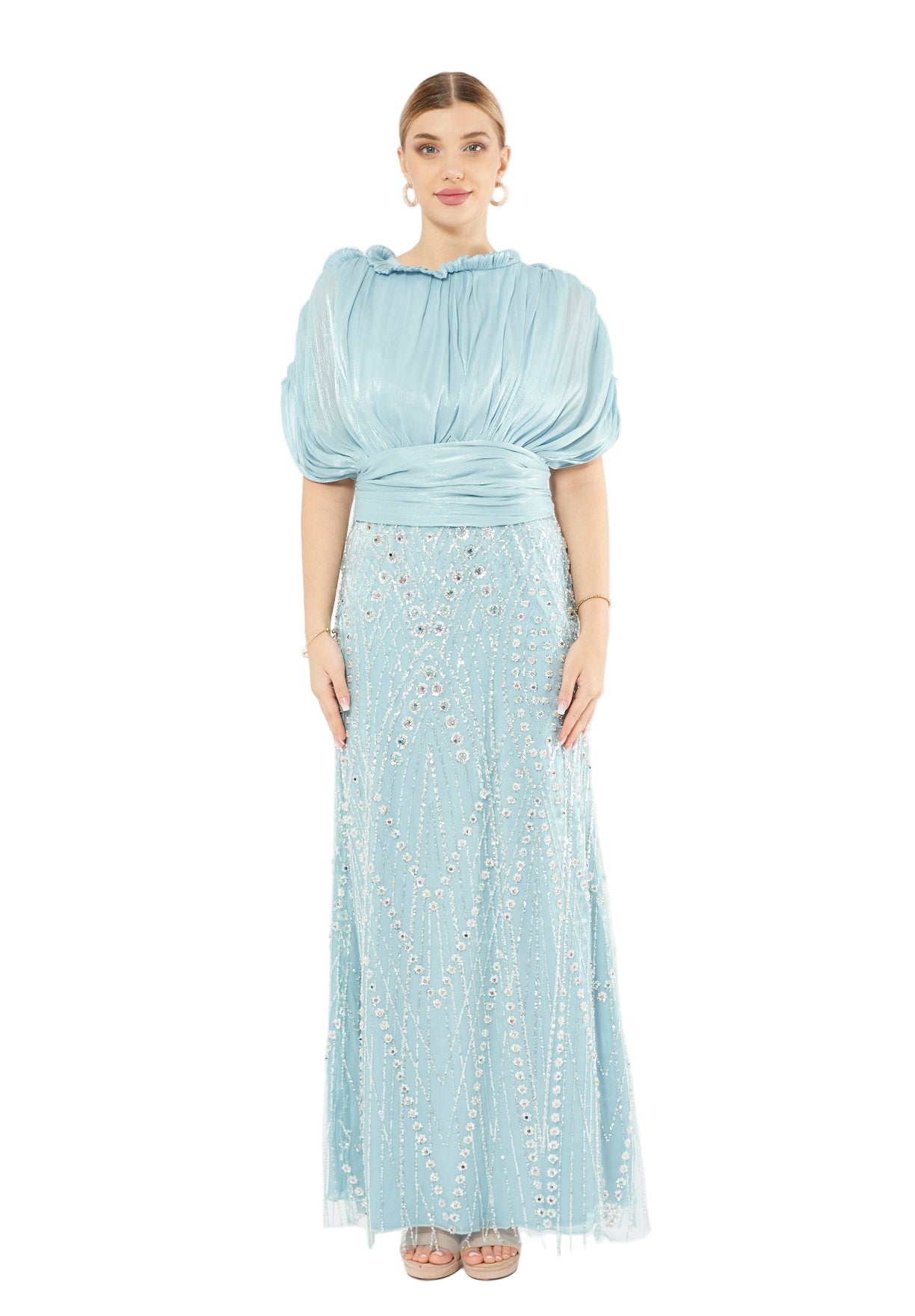 Embellished Blouson Gown with Dramatic Drape