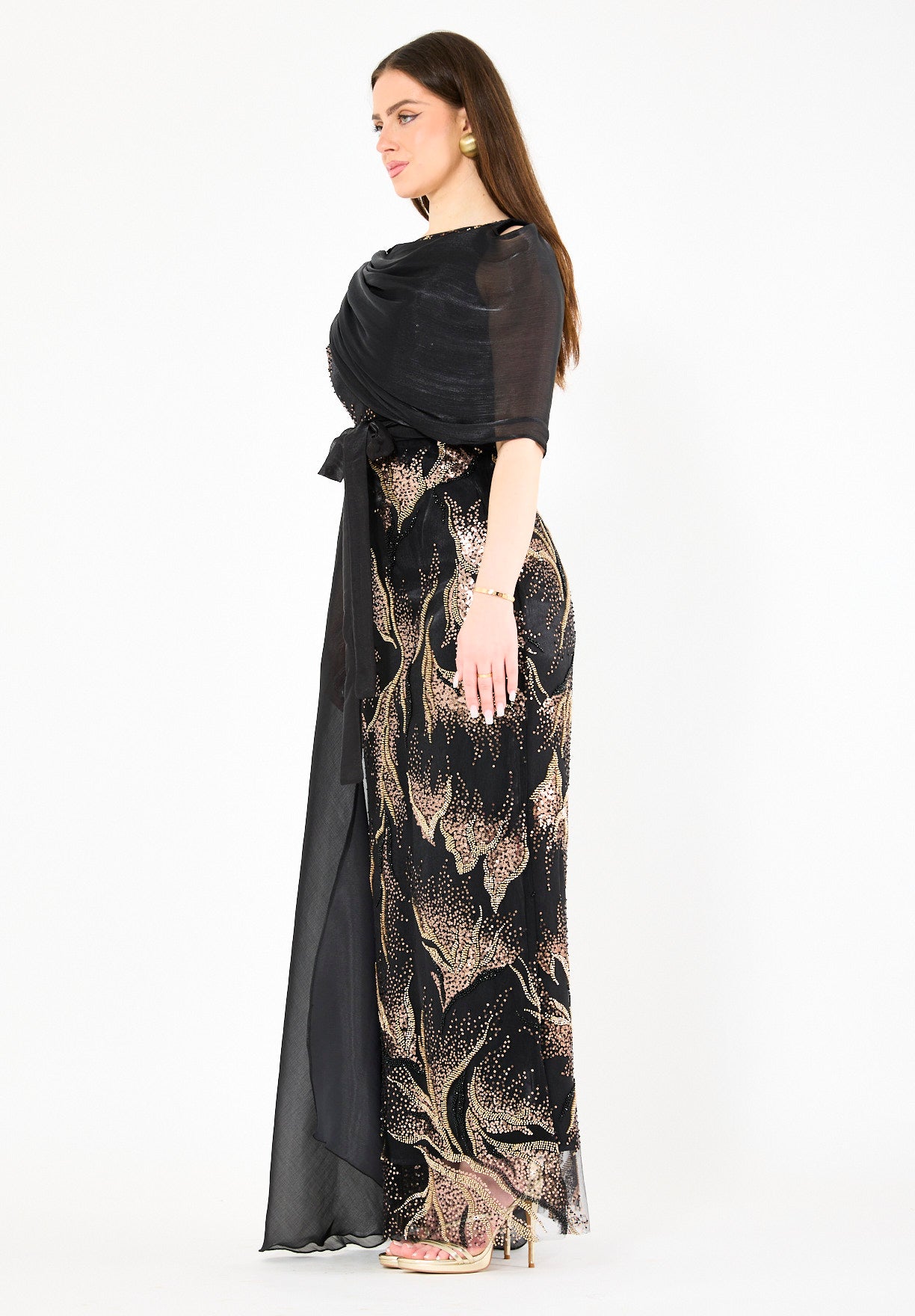 Ornate Gown with Draped Cape