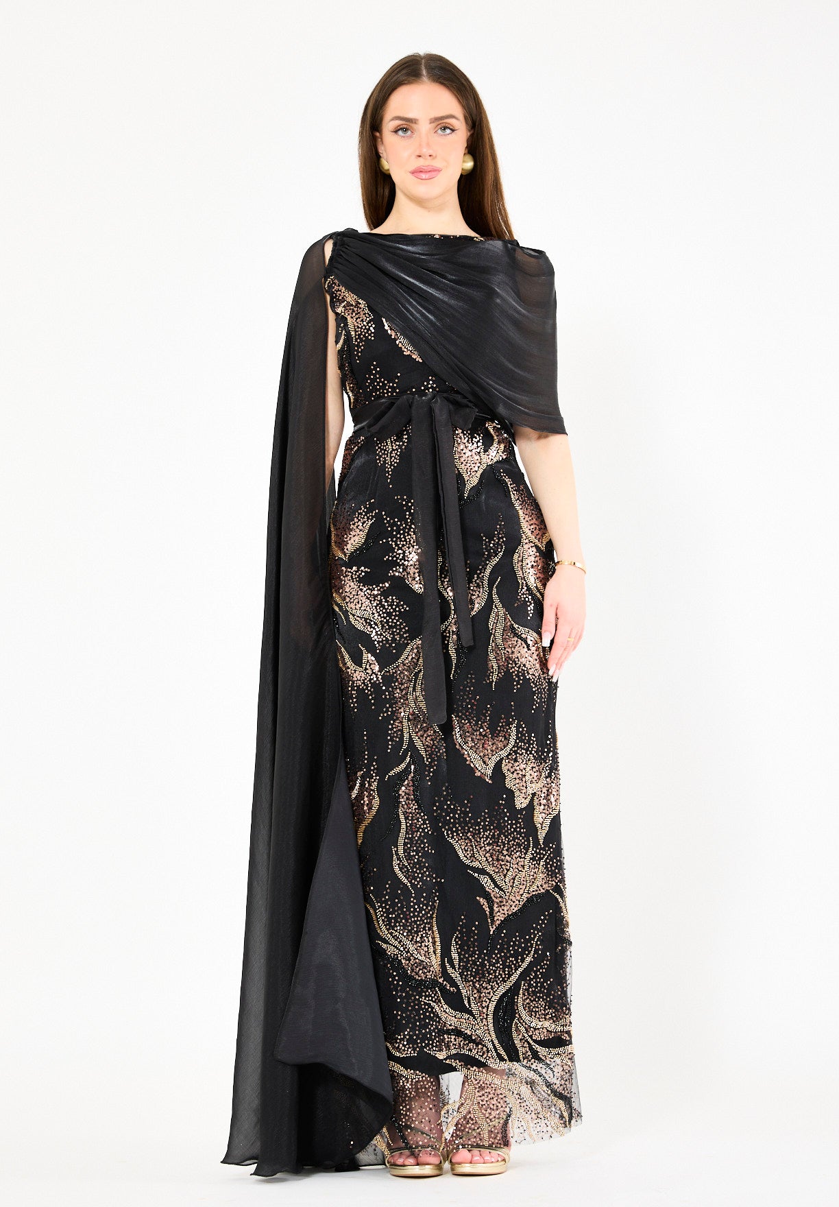 Ornate Gown with Draped Cape