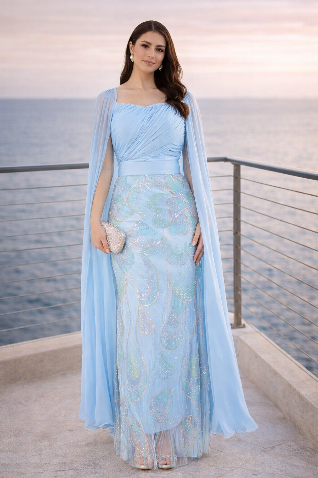Draped Cape Gown with Iridescent Embellishments