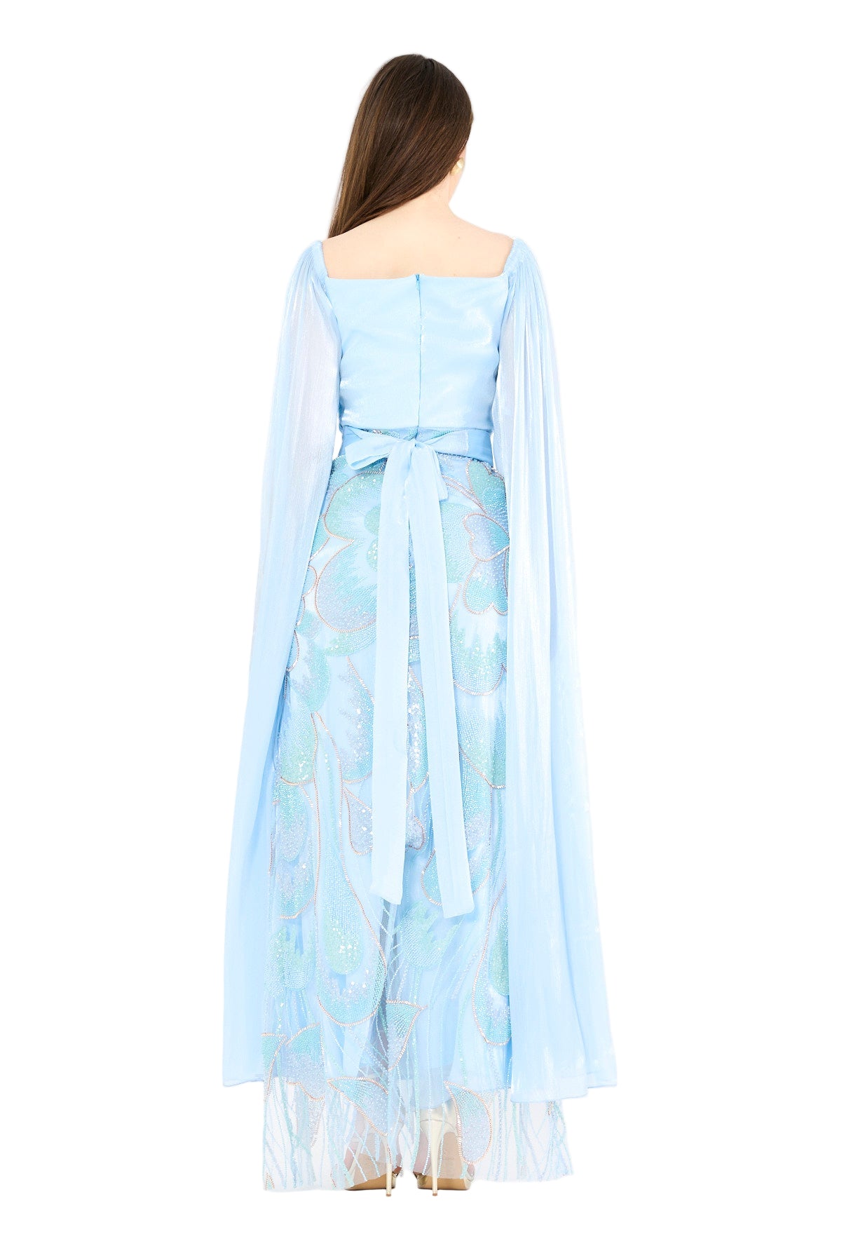 Draped Cape Gown with Iridescent Embellishments