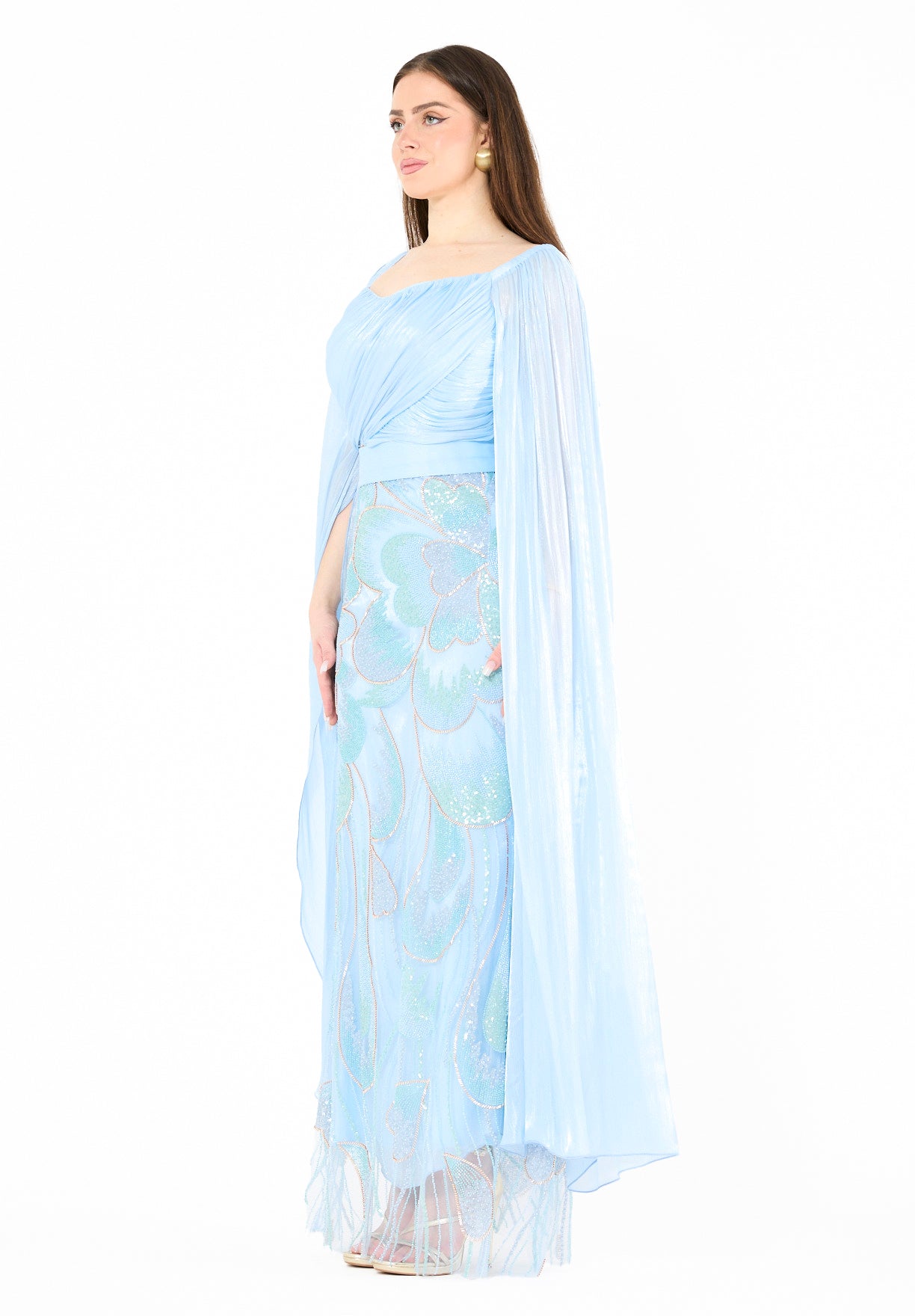 Draped Cape Gown with Iridescent Embellishments