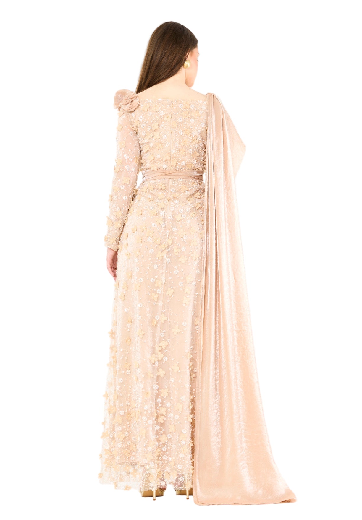 Floral 3D Embellished Gown with Draped Cascading Cape