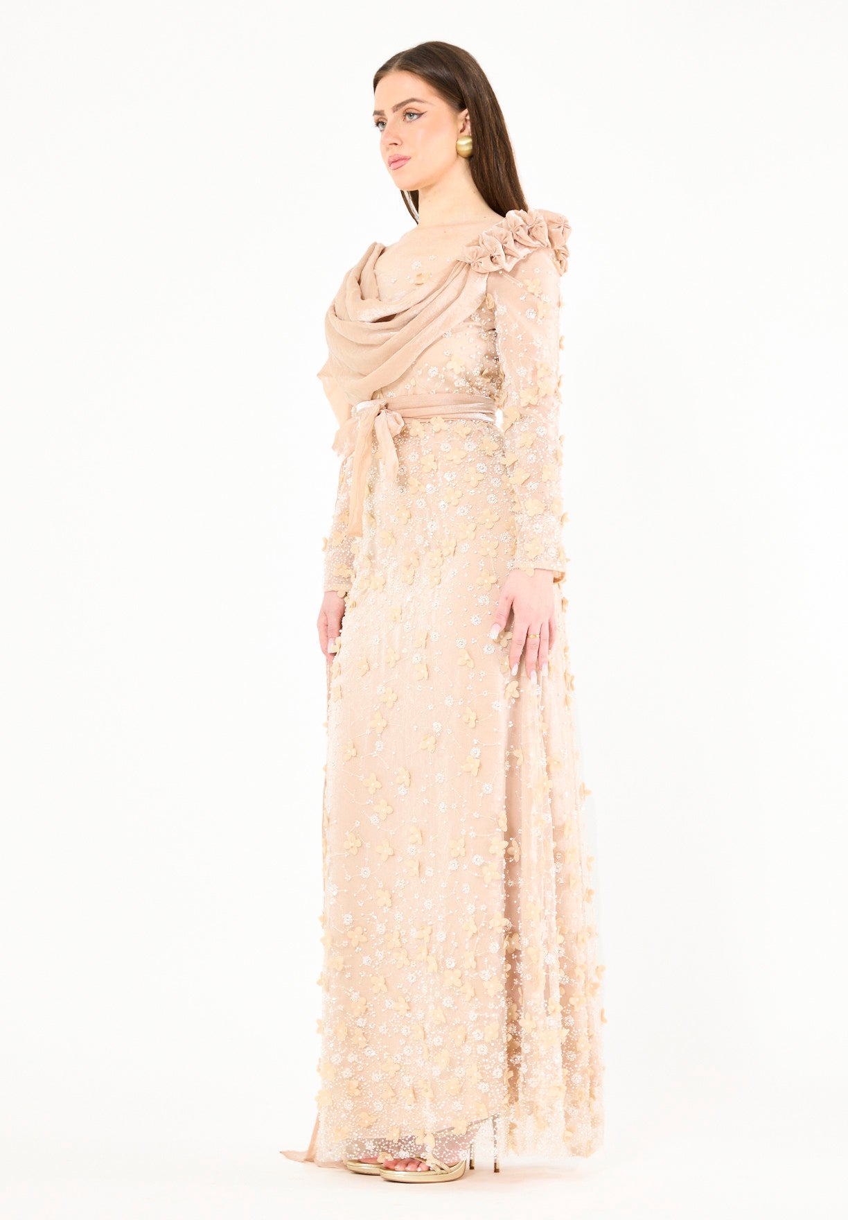 Floral 3D Embellished Gown with Draped Cascading Cape