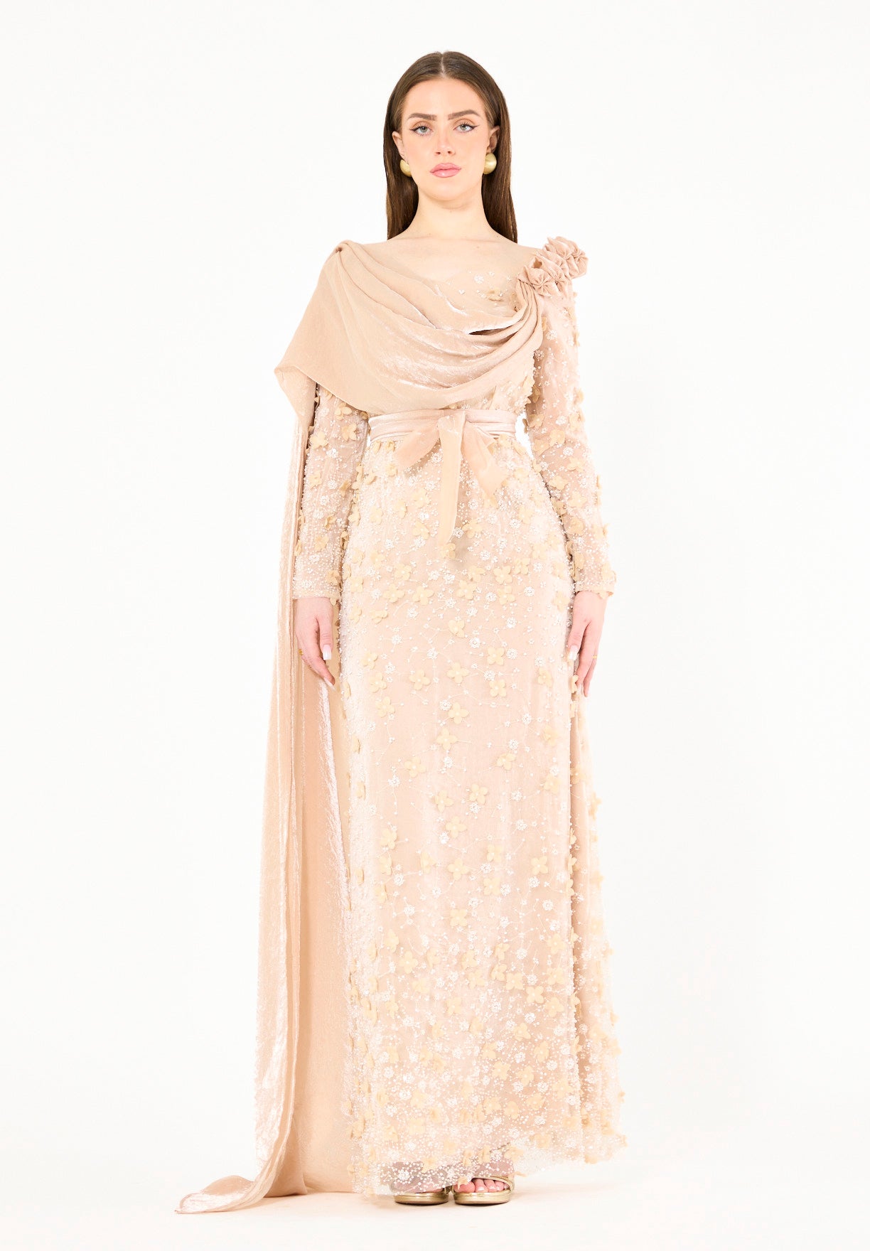Floral 3D Embellished Gown with Draped Cascading Cape