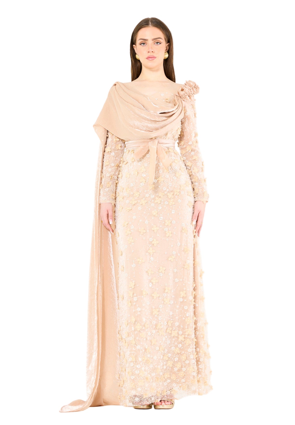 Floral 3D Embellished Gown with Draped Cascading Cape