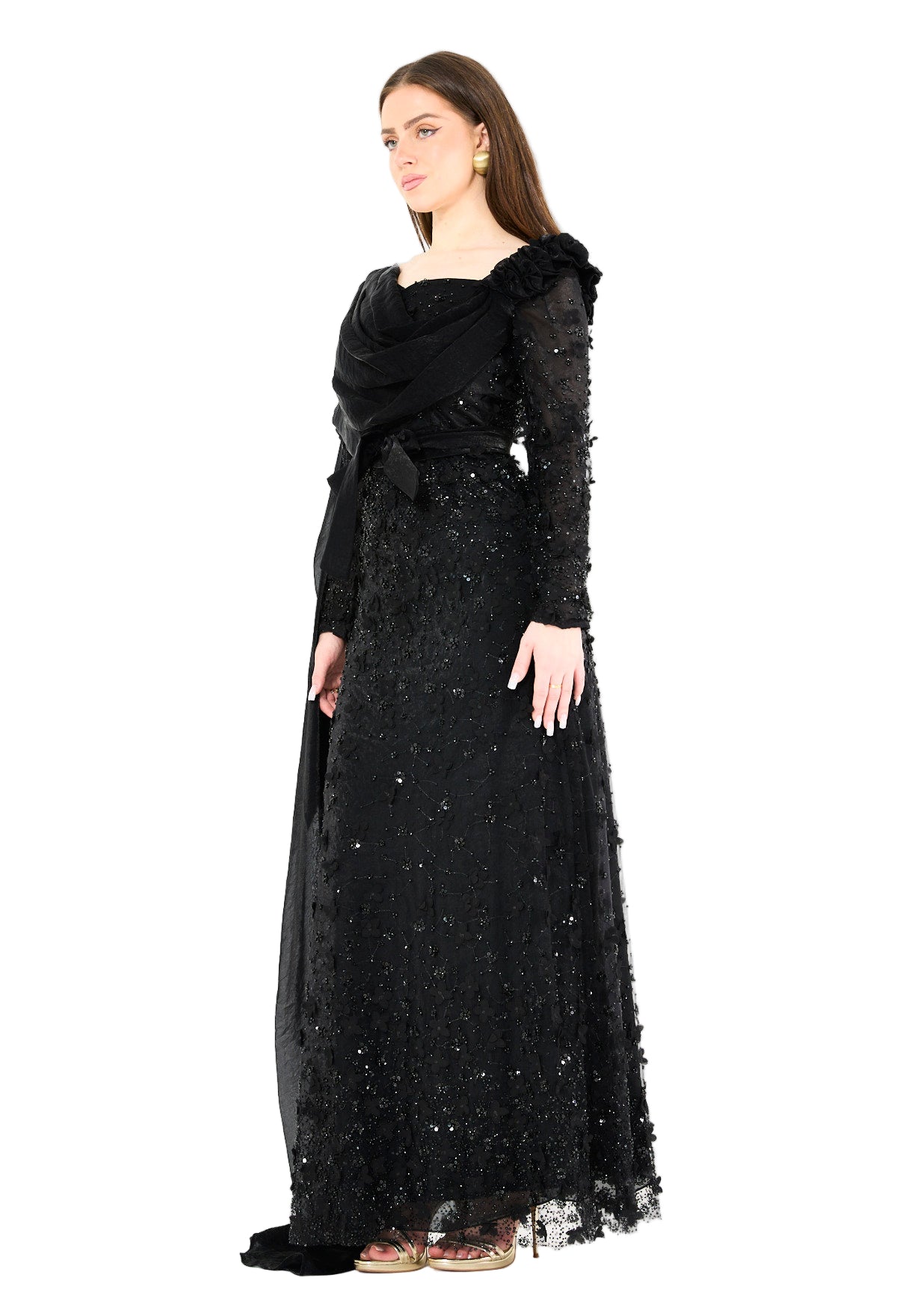 Floral 3D Embellished Gown with Draped Cascading Cape