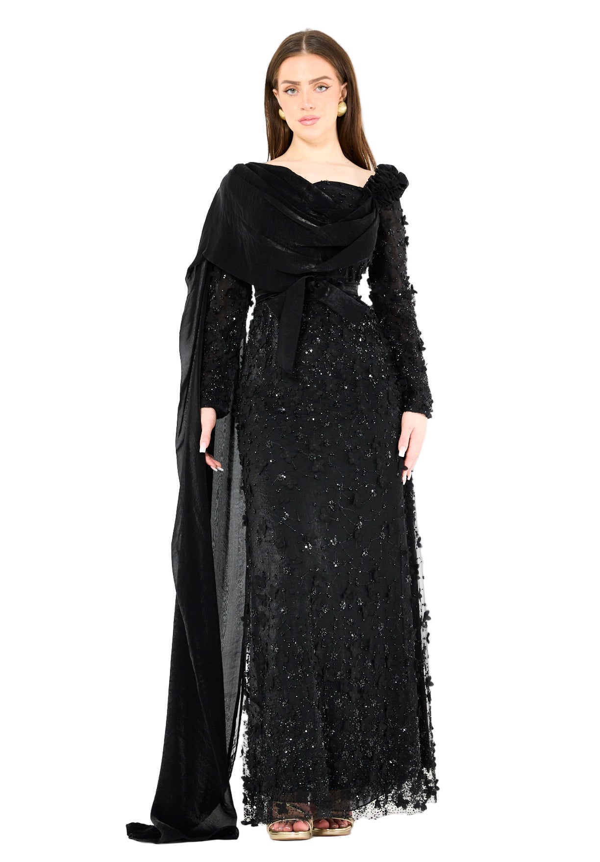 Floral 3D Embellished Gown with Draped Cascading Cape