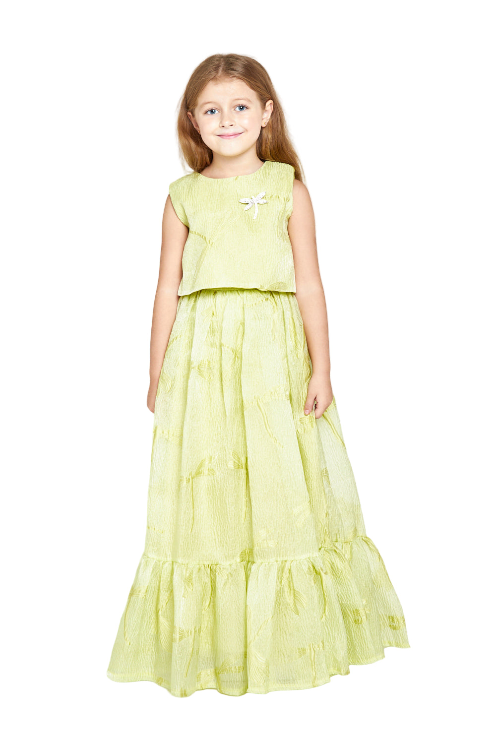 Crystal Brooch Accent Ruffle Hem Dress