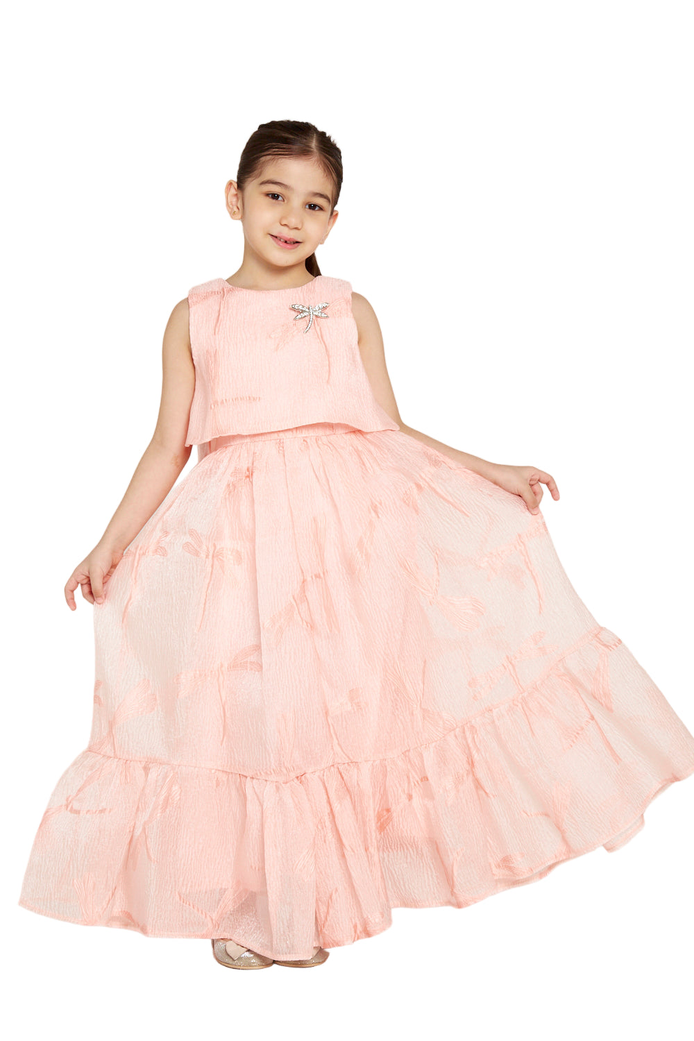 Crystal Brooch Accent Ruffle Hem Dress