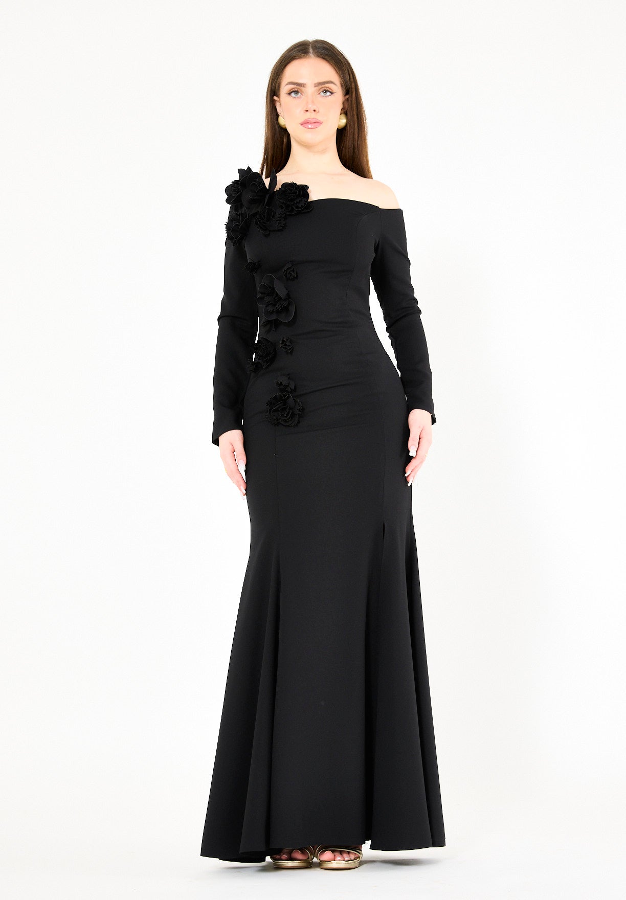 3D Floral Applique Elegance Off-Shoulder Gown
