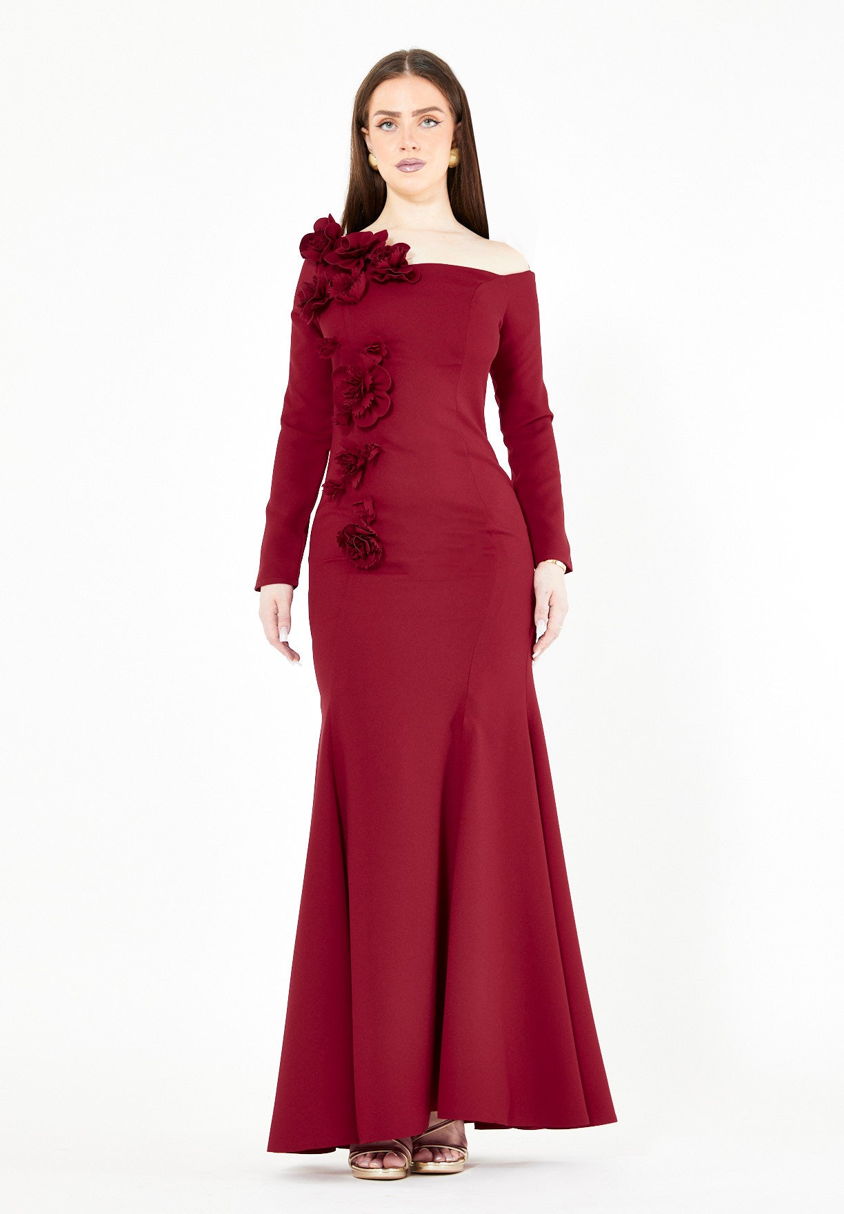 3D Floral Applique Elegance Off-Shoulder Gown