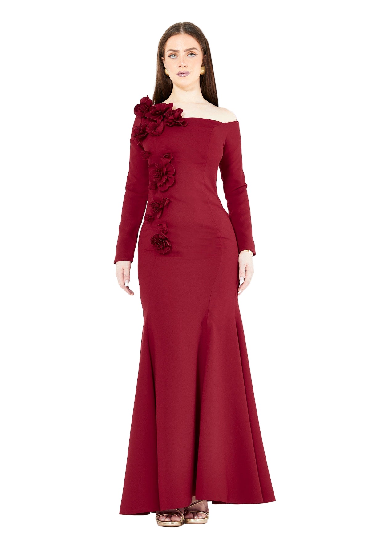 3D Floral Applique Elegance Off-Shoulder Gown