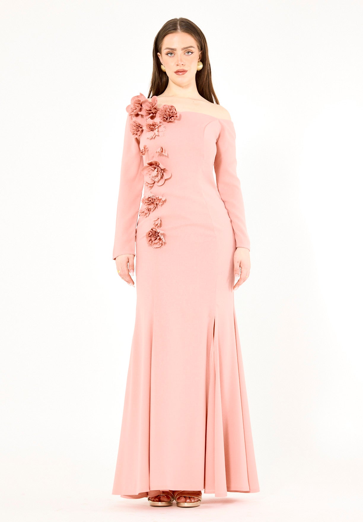 3D Floral Applique Elegance Off-Shoulder Gown