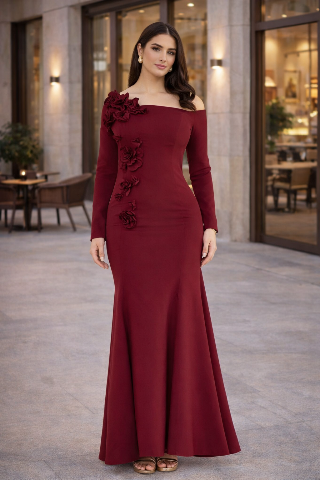 3D Floral Applique Elegance Off-Shoulder Gown