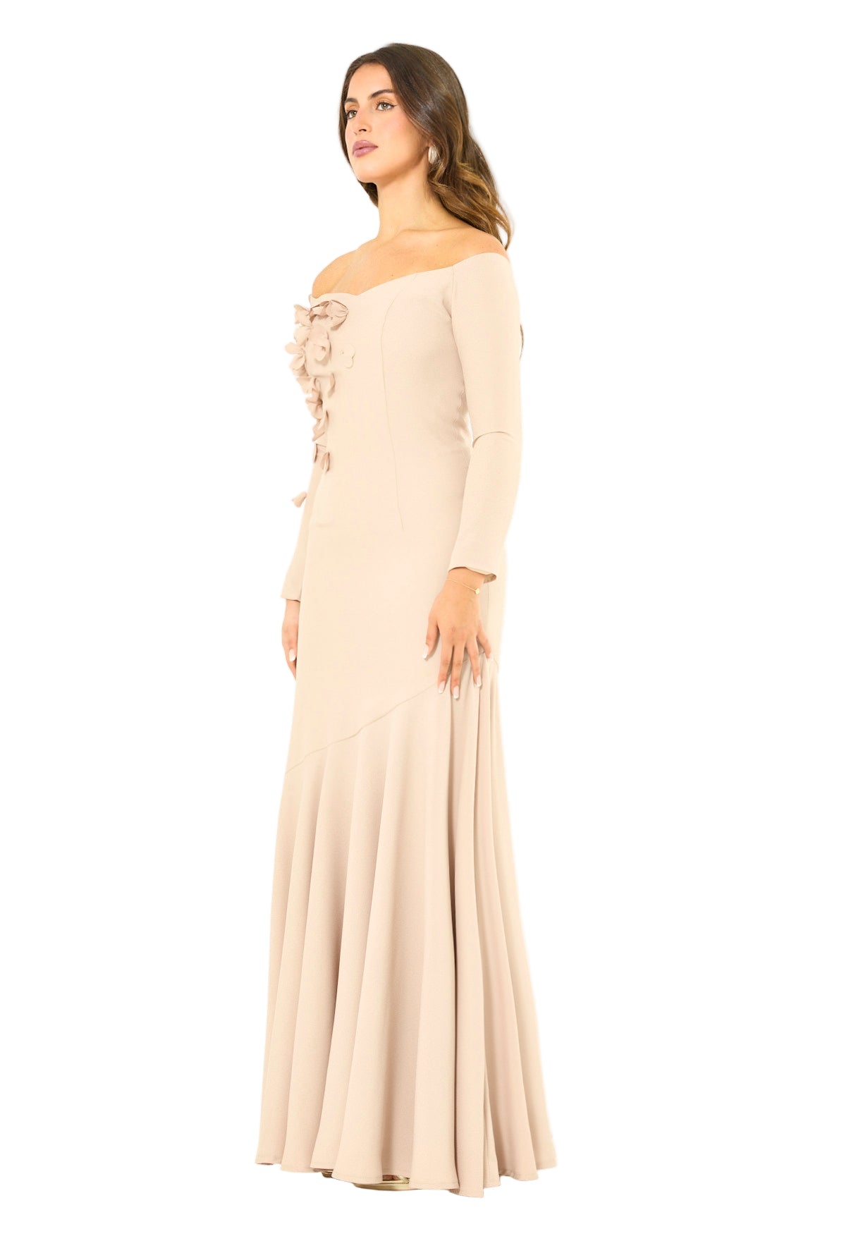 Elegant 3D Petal Adorned Off-Shoulder Gown
