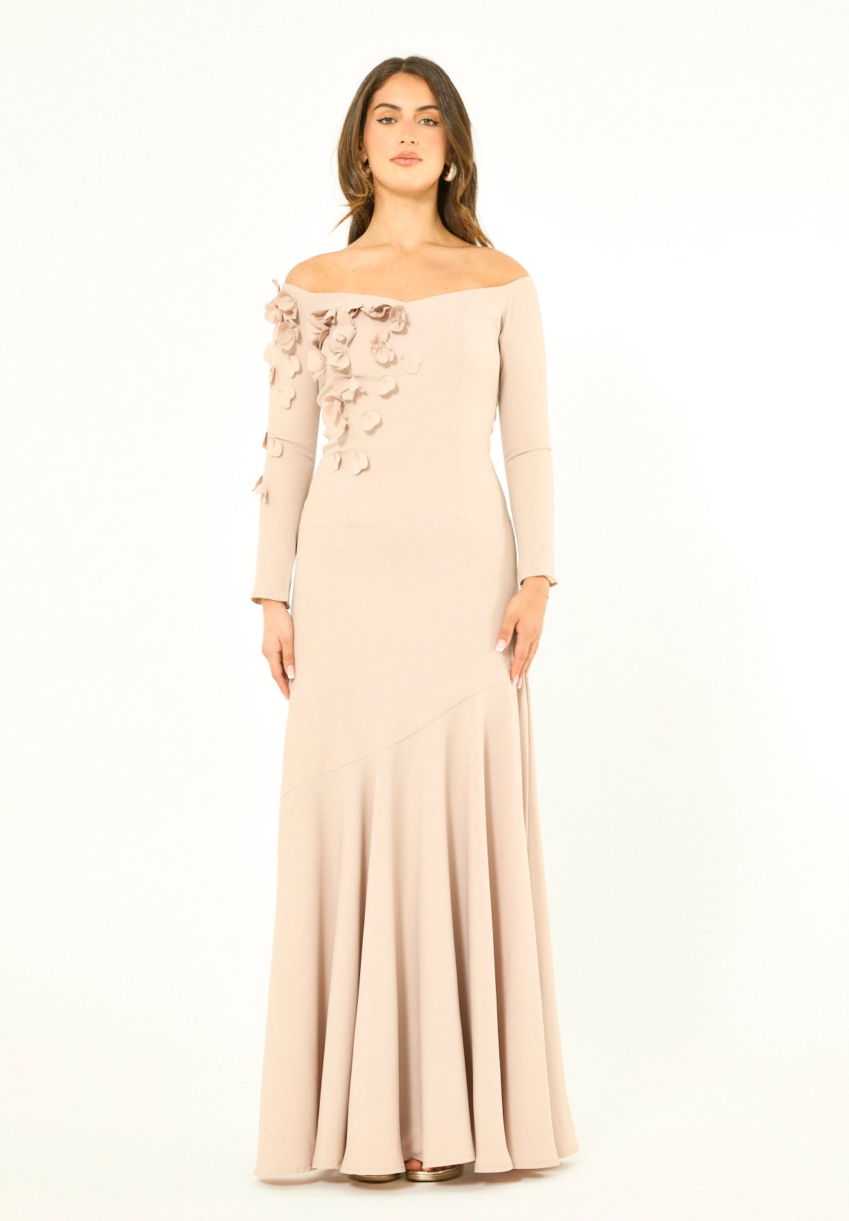 Elegant 3D Petal Adorned Off-Shoulder Gown