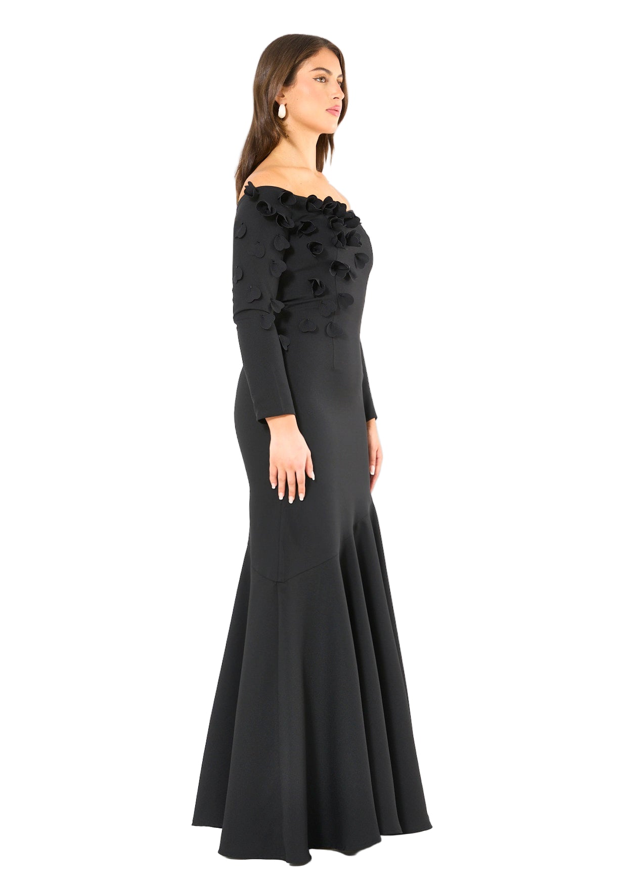 Elegant 3D Petal Adorned Off-Shoulder Gown