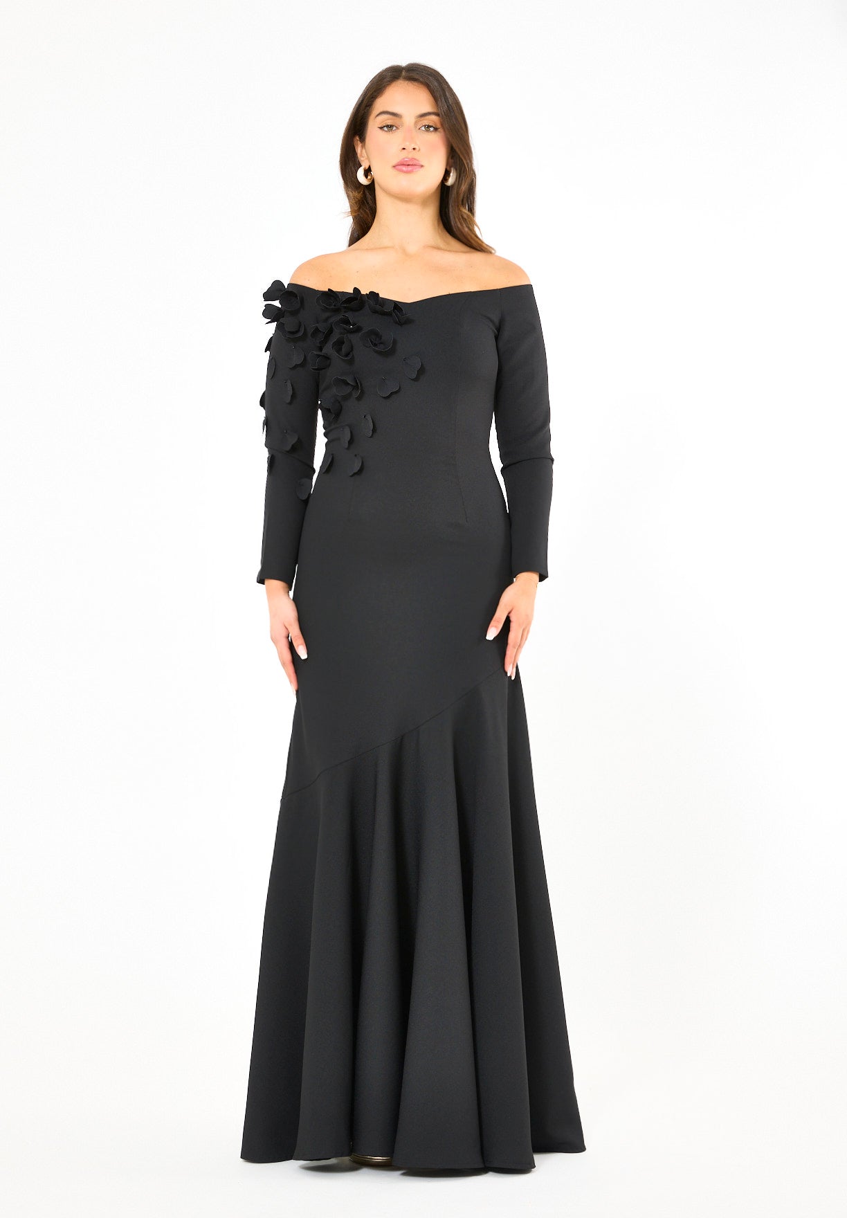Elegant 3D Petal Adorned Off-Shoulder Gown