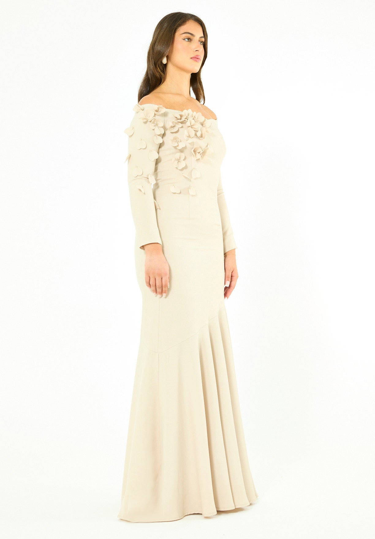 Elegant 3D Petal Adorned Off-Shoulder Gown