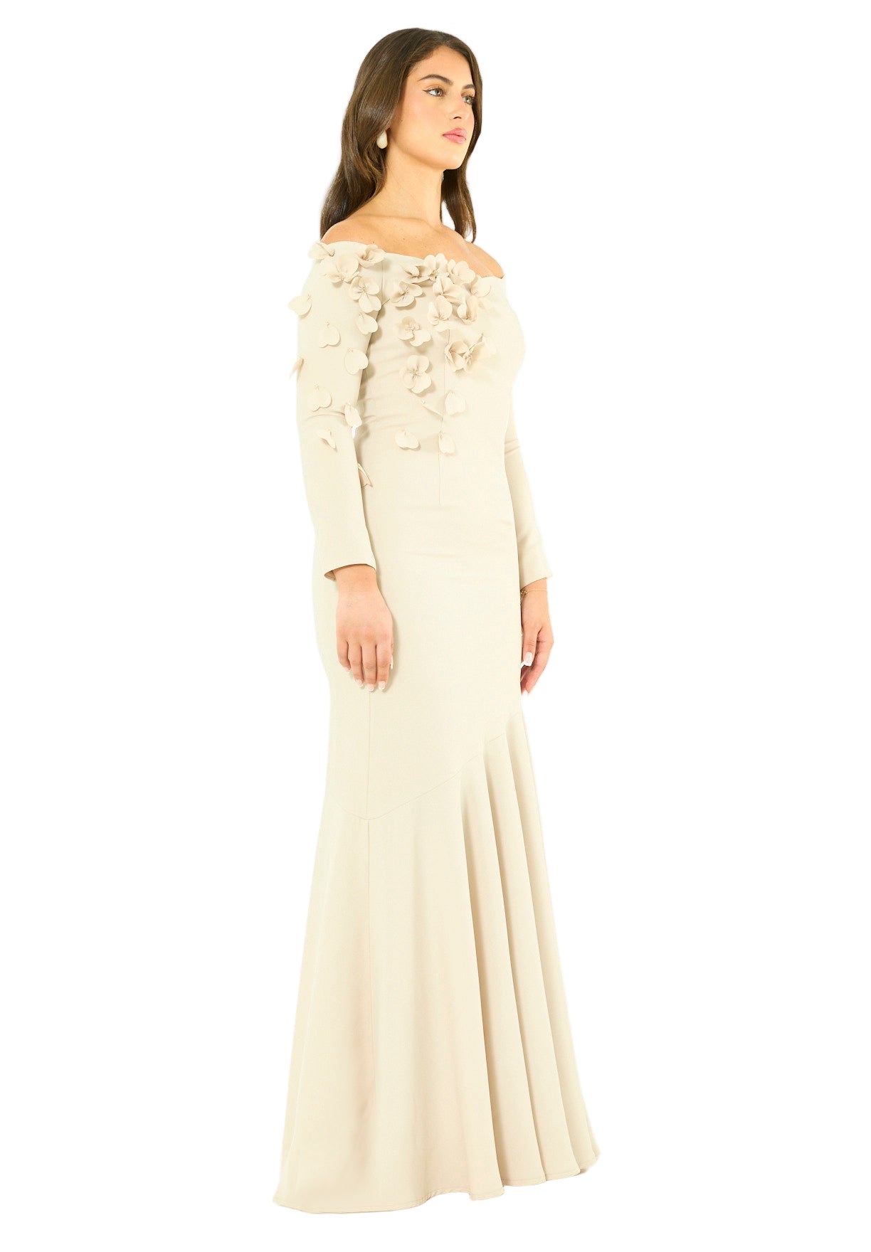 Elegant 3D Petal Adorned Off-Shoulder Gown