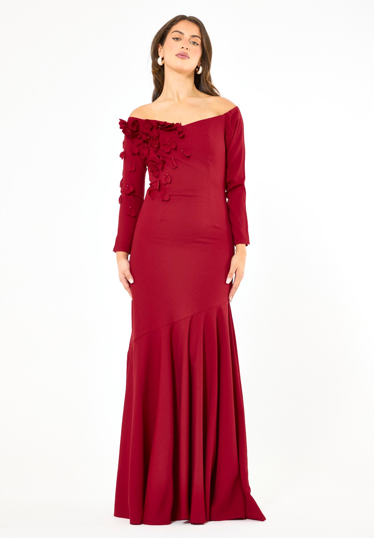 Elegant 3D Petal Adorned Off-Shoulder Gown