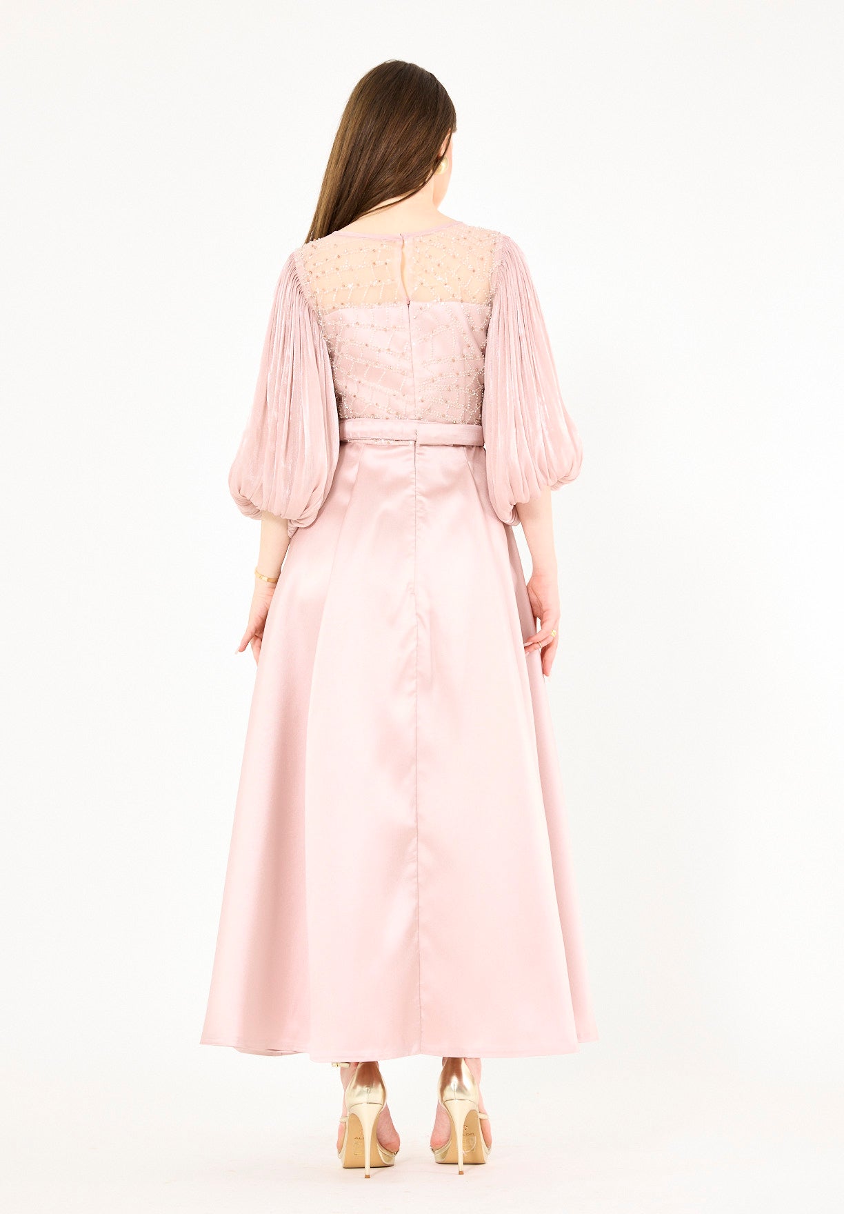 Embellished Satin Midi Dress with Pleated Organza Sleeves