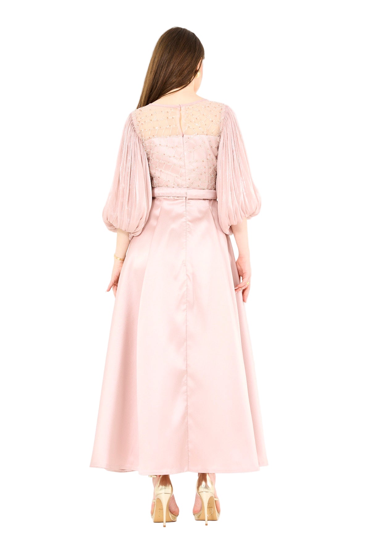 Embellished Satin Midi Dress with Pleated Organza Sleeves