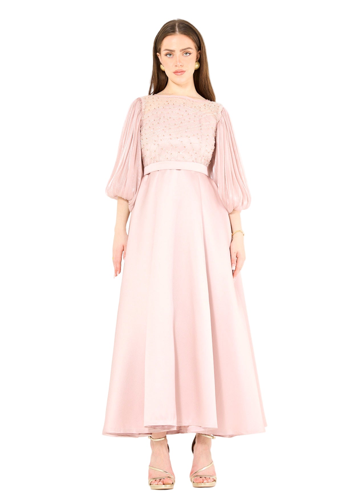 Embellished Satin Midi Dress with Pleated Organza Sleeves