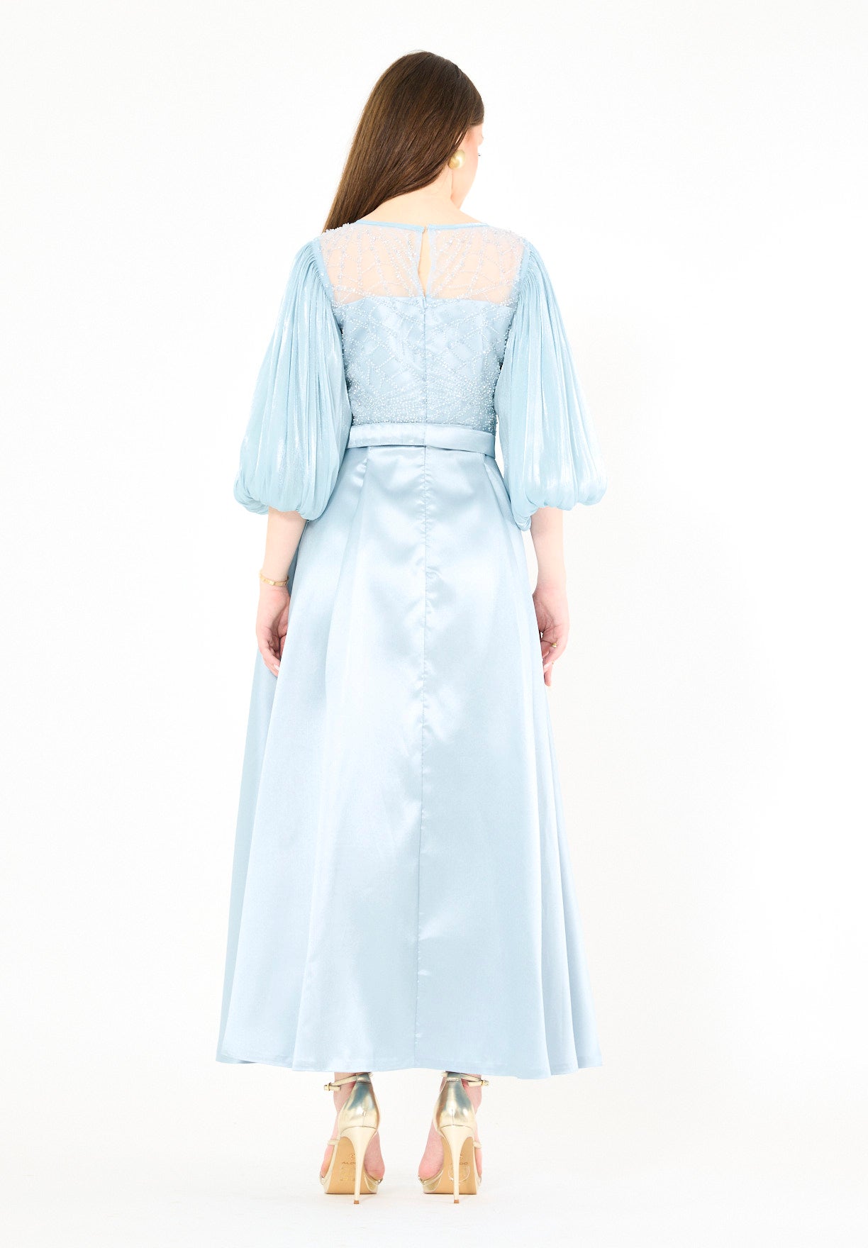 Embellished Satin Midi Dress with Pleated Organza Sleeves