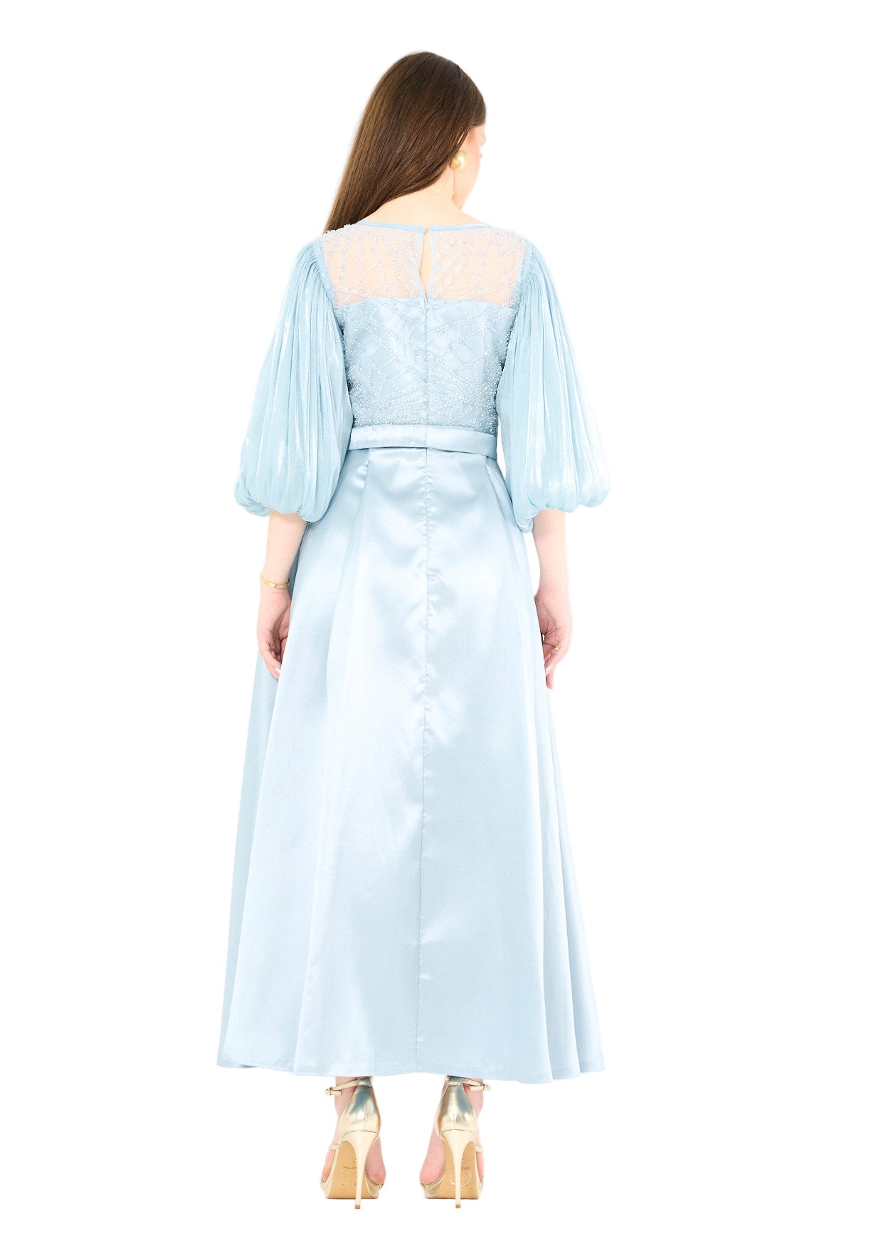 Embellished Satin Midi Dress with Pleated Organza Sleeves