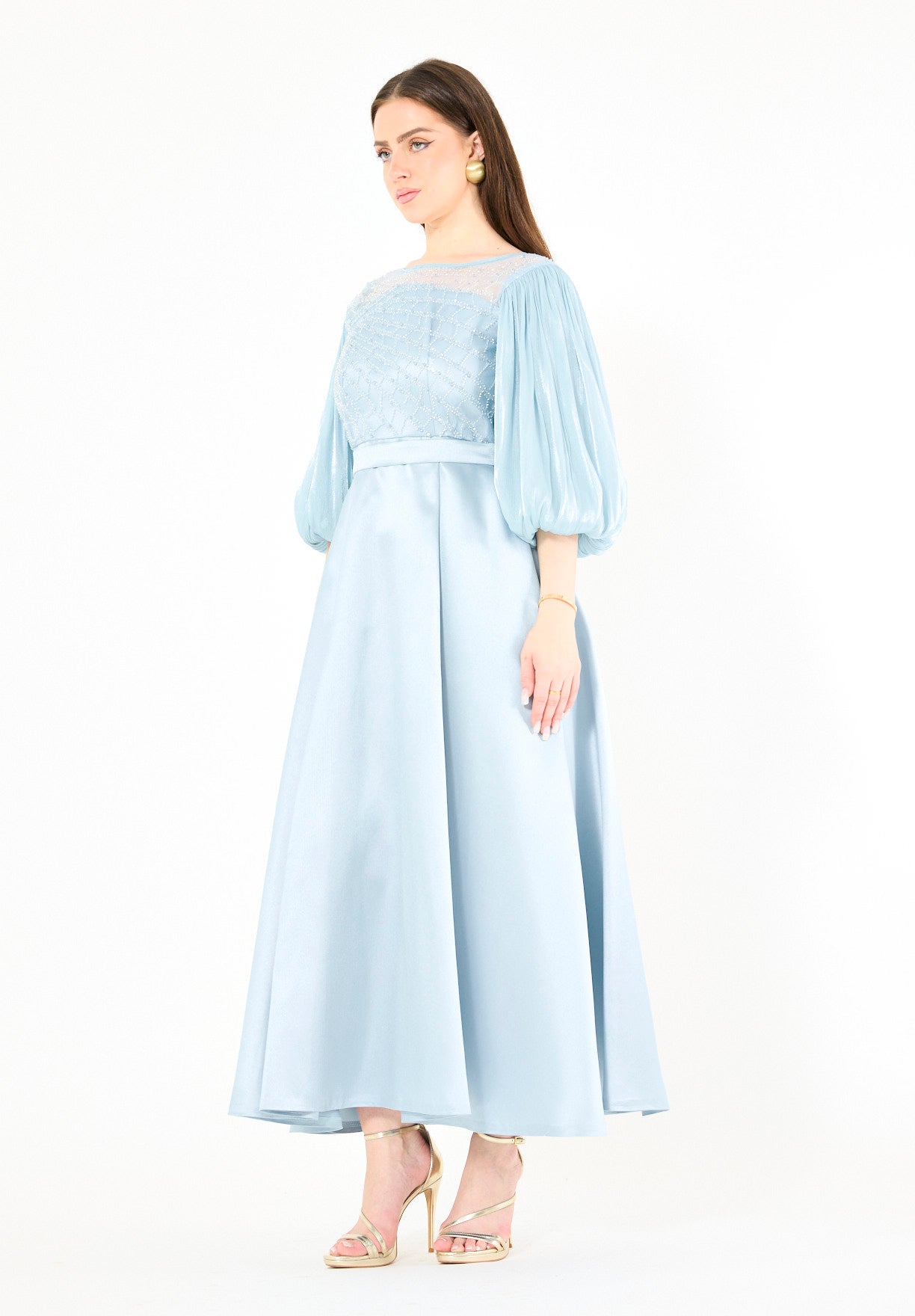 Embellished Satin Midi Dress with Pleated Organza Sleeves