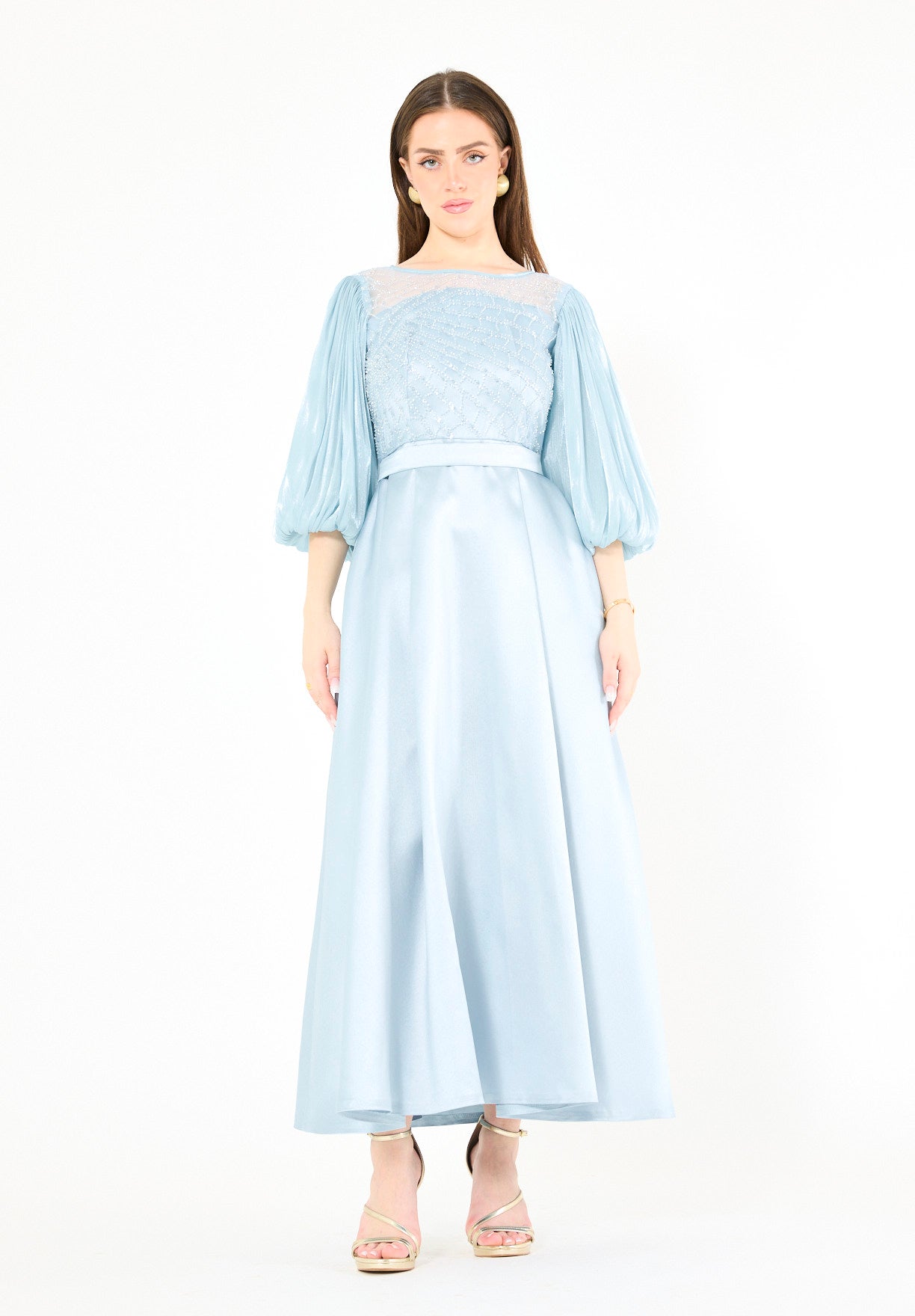 Embellished Satin Midi Dress with Pleated Organza Sleeves