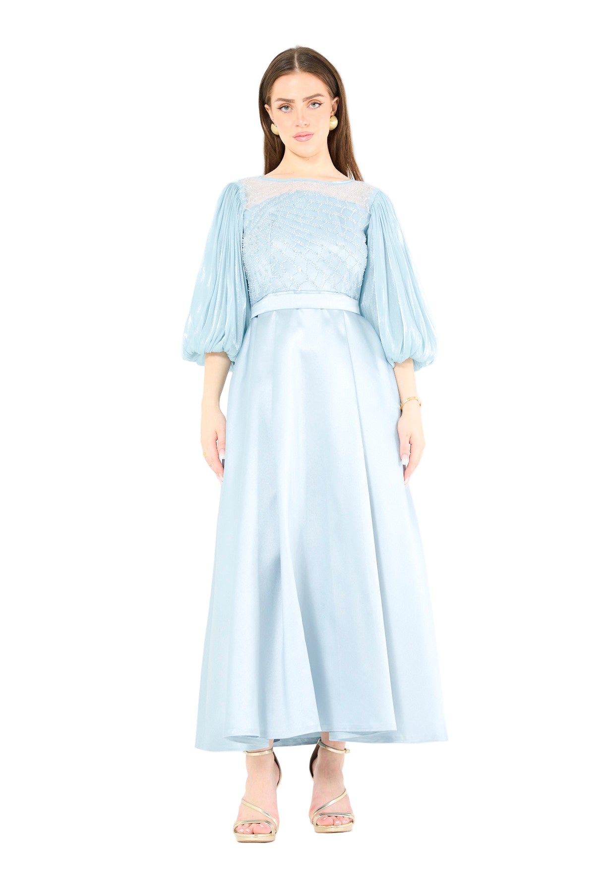 Embellished Satin Midi Dress with Pleated Organza Sleeves