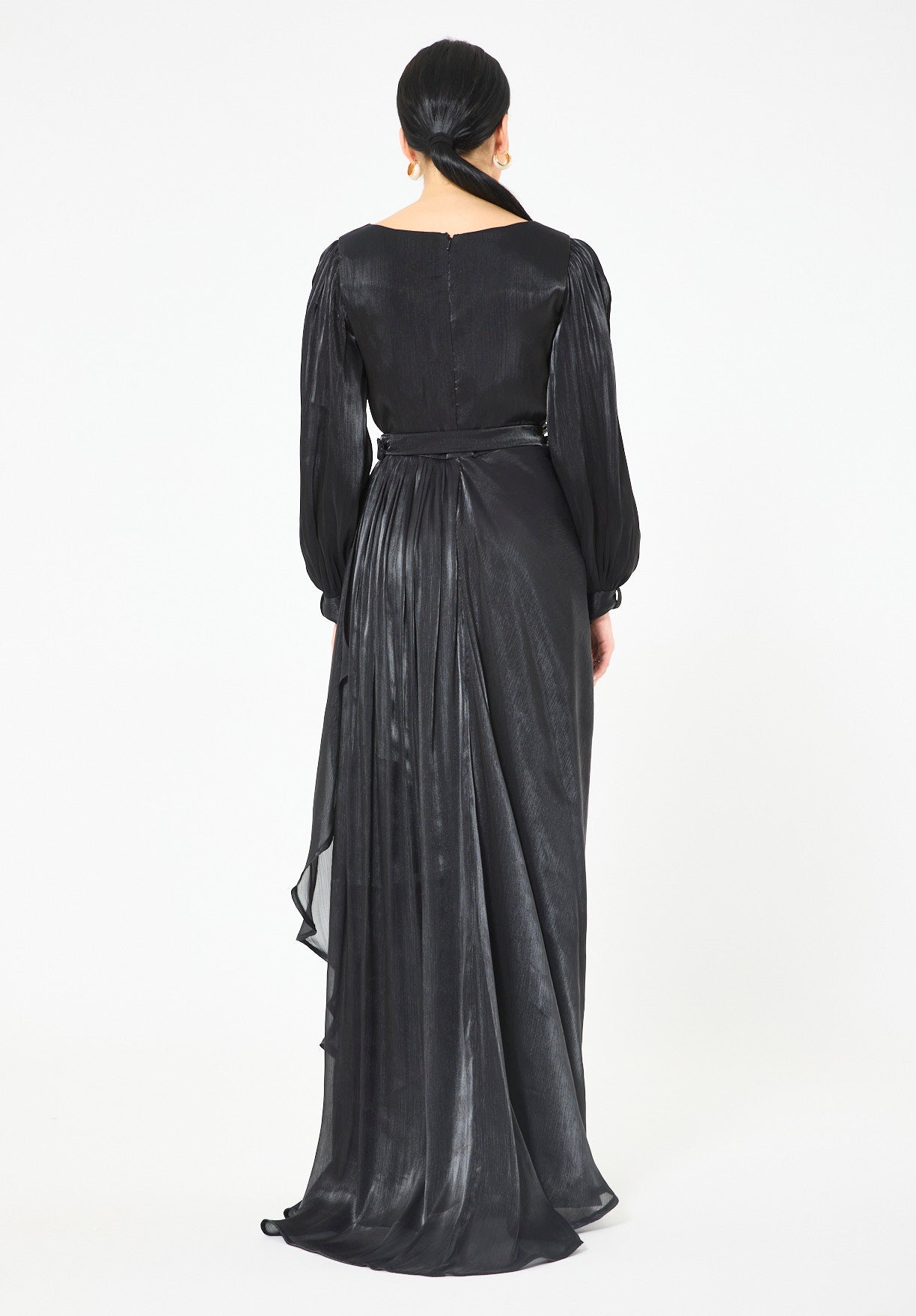 Glossy Fuild Drape Gown with Belted Waist and Floral Accent