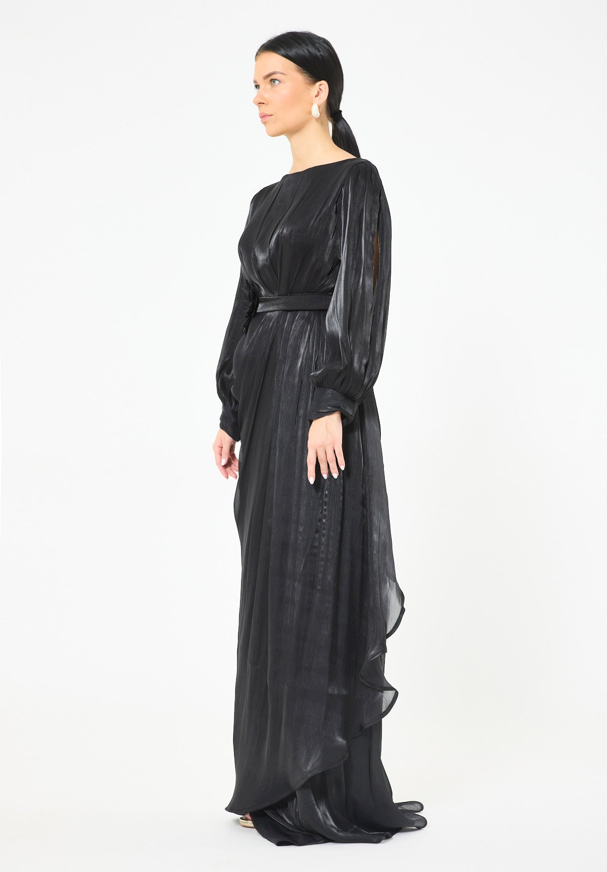 Glossy Fuild Drape Gown with Belted Waist and Floral Accent