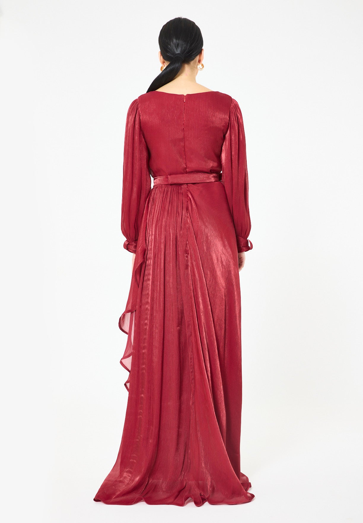 Glossy Fuild Drape Gown with Belted Waist and Floral Accent