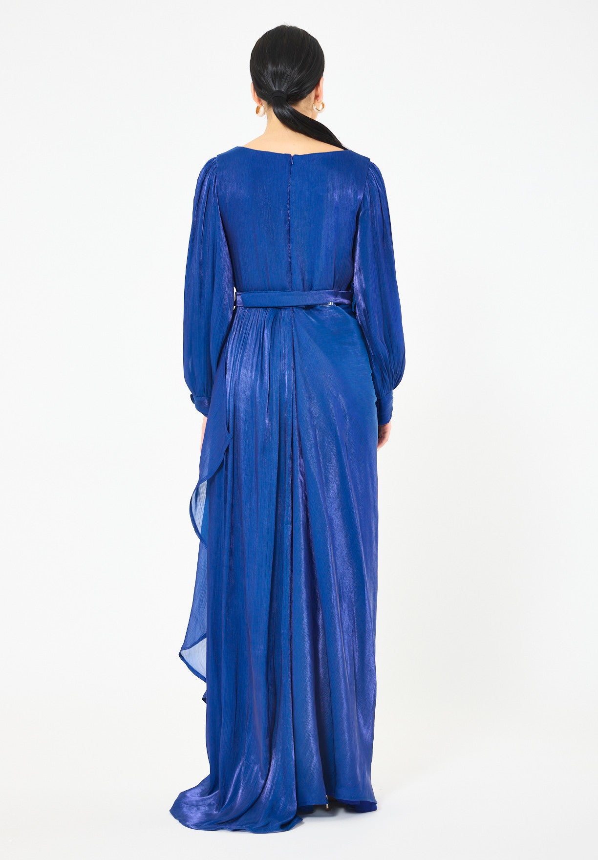 Glossy Fuild Drape Gown with Belted Waist and Floral Accent