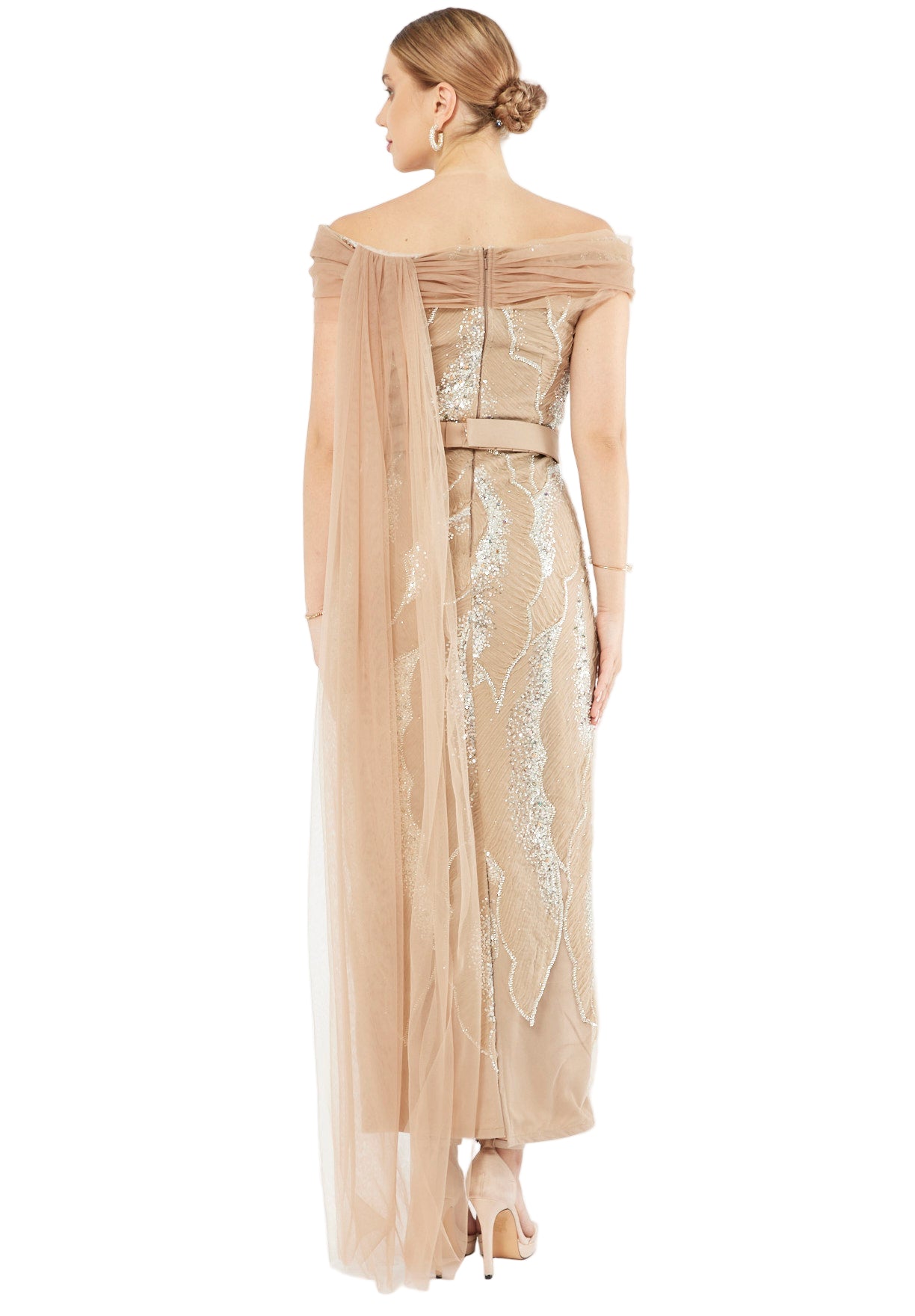 All-Over Embellished Draped Tulle Gown