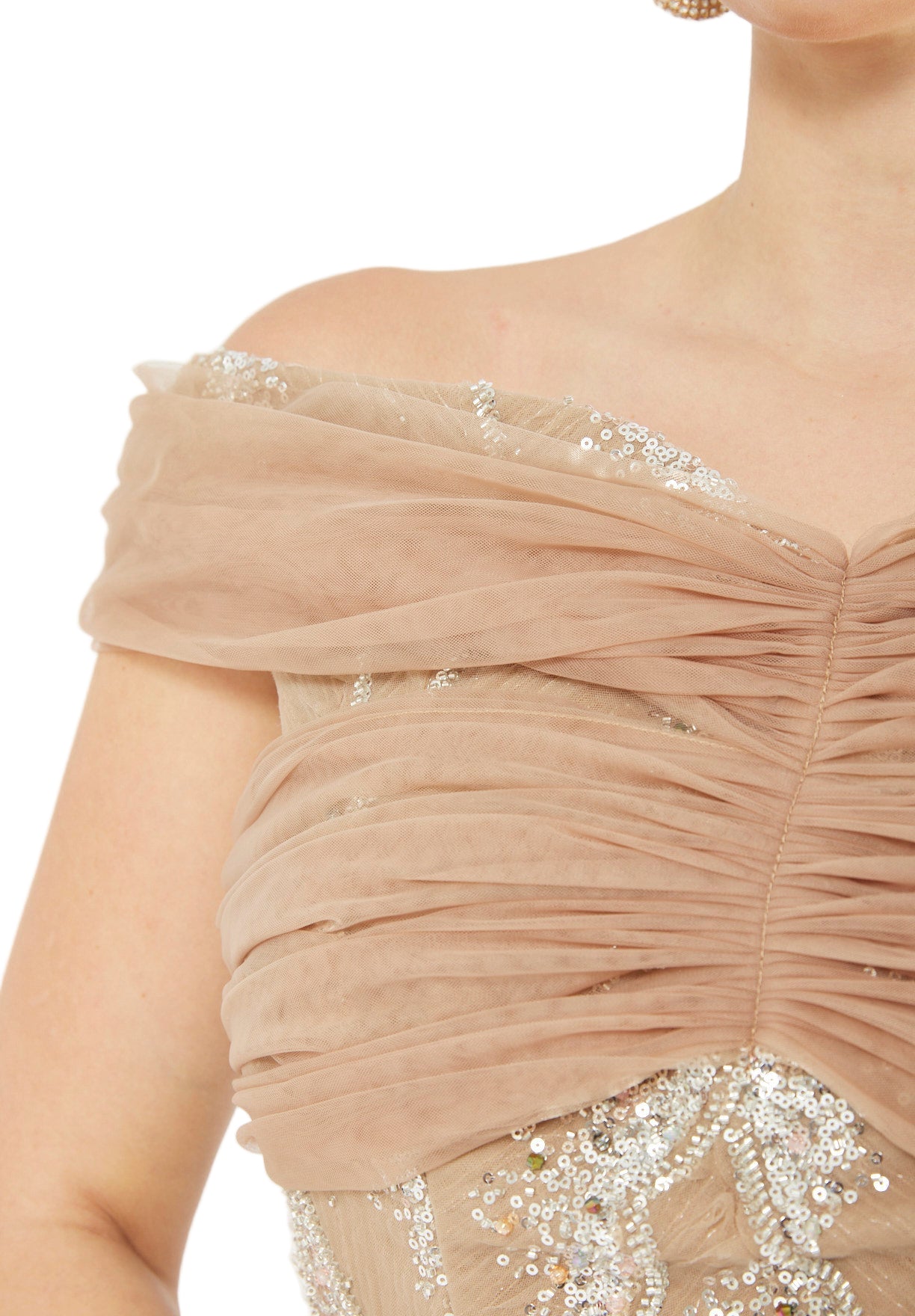 All-Over Embellished Draped Tulle Gown