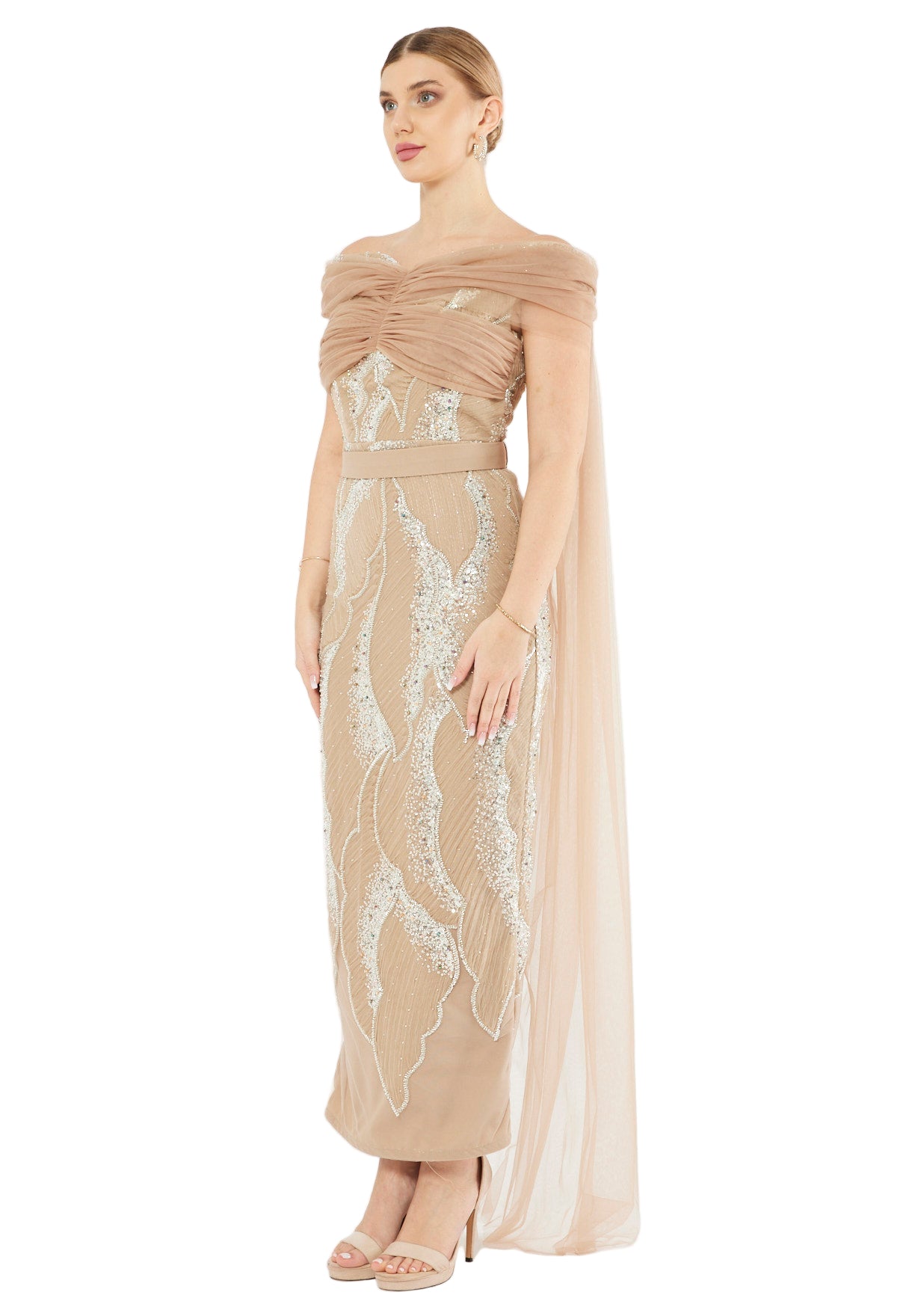 All-Over Embellished Draped Tulle Gown