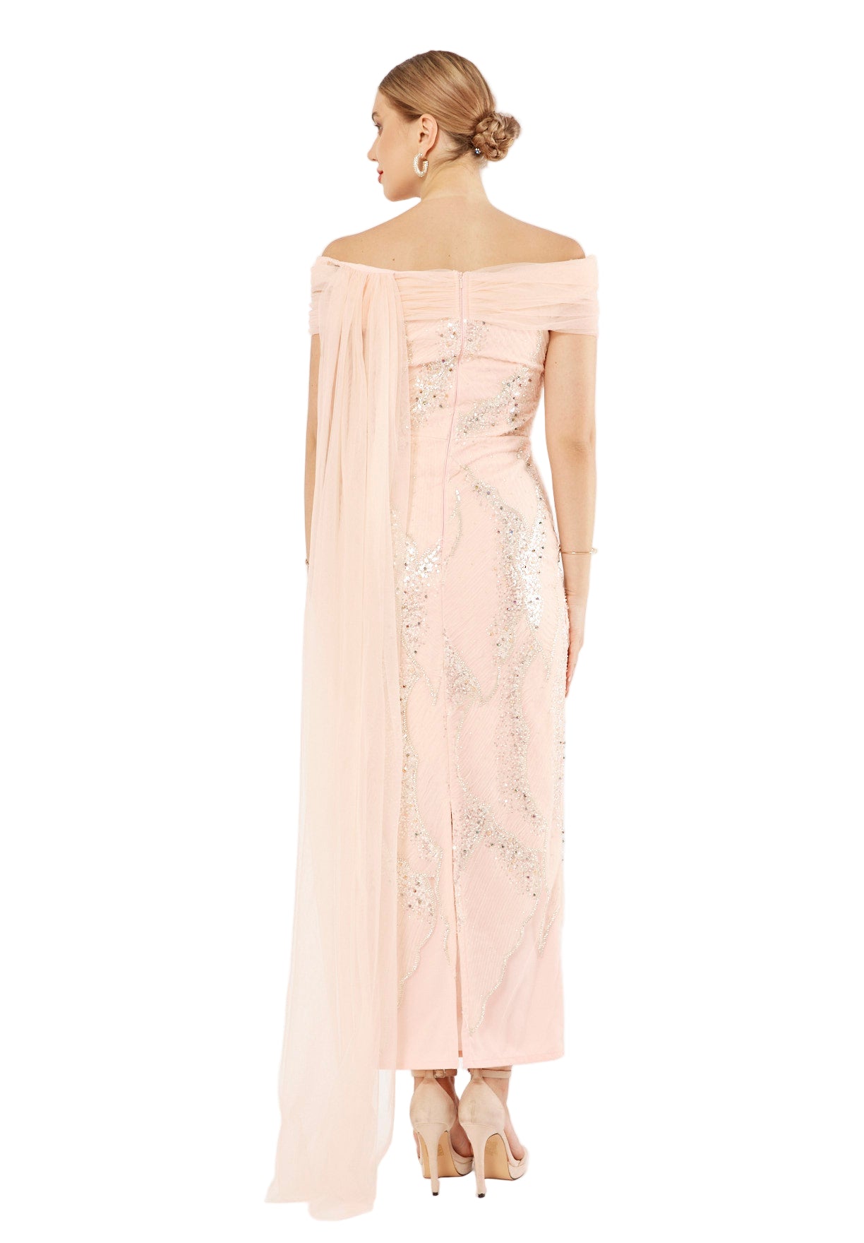 All-Over Embellished Draped Tulle Gown