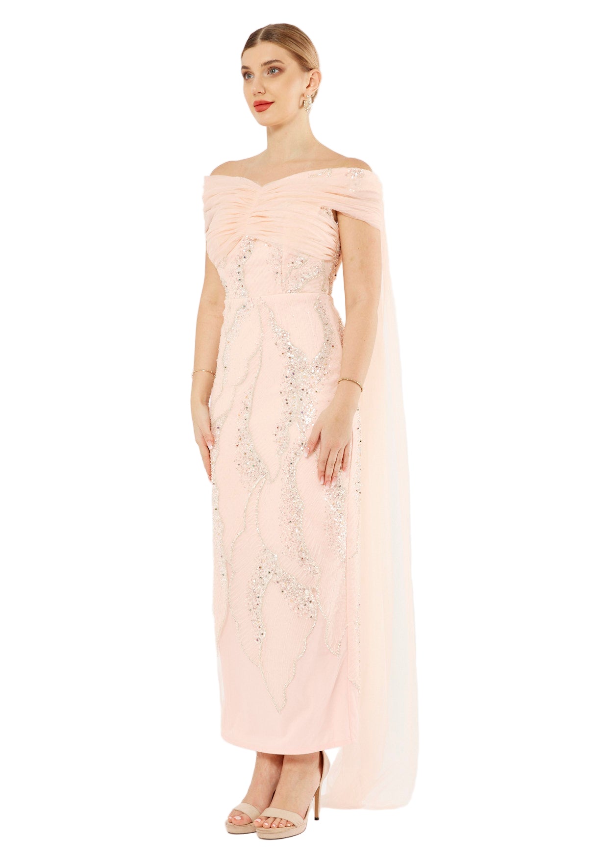 All-Over Embellished Draped Tulle Gown